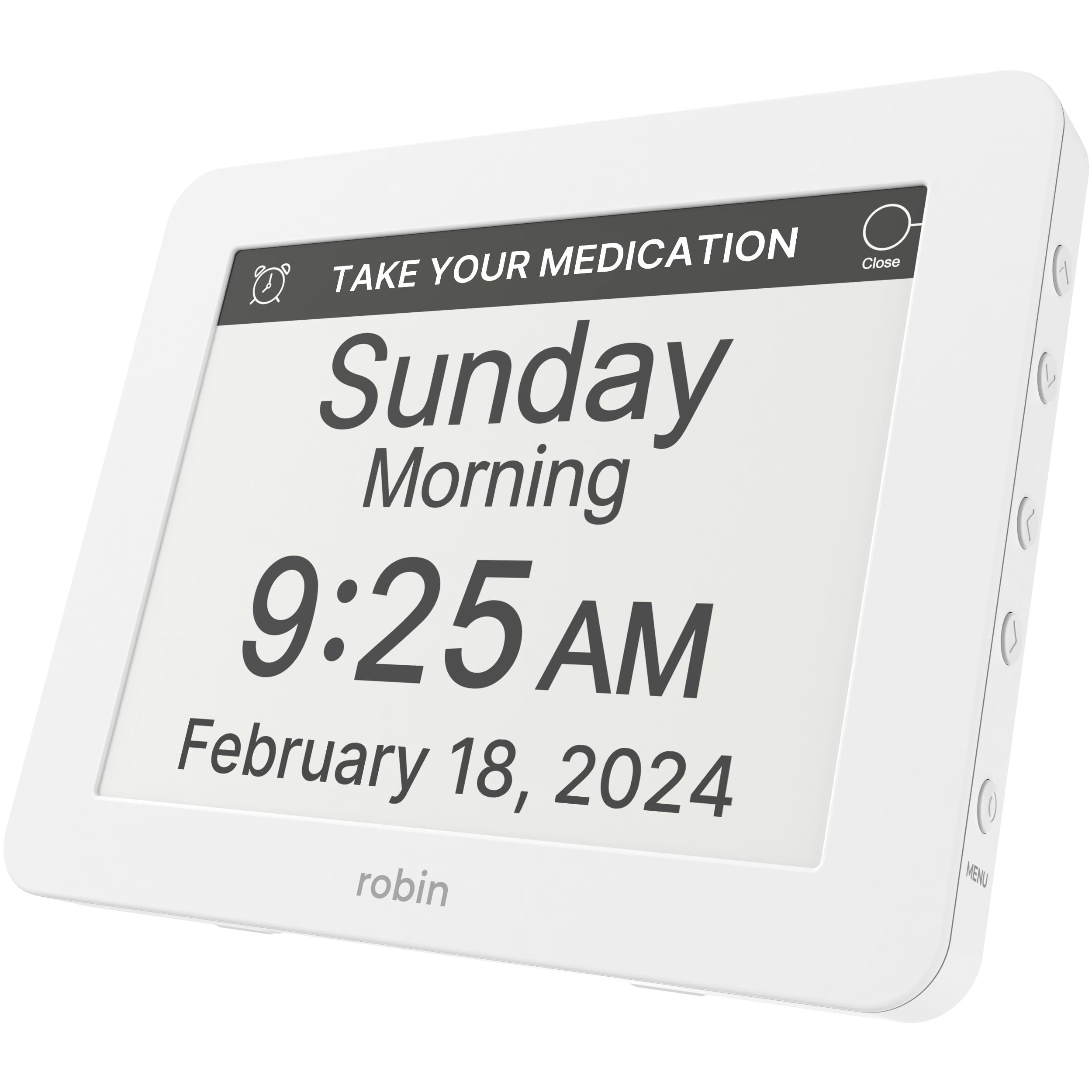 2024 Robin Digital Day & Date Clock for Elderly - Extra Large Dementia & Alzheimer's Clock with Clear Display, White - Perfect for Bedside, Nursing Homes & Memory Care Facilities