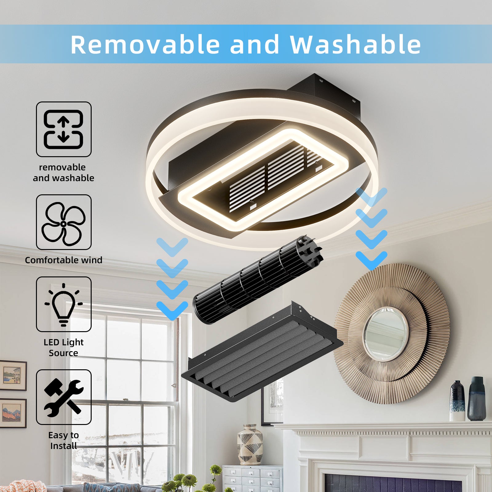 20 Inch Modern Leafless Ceiling Fan with Remote Control - Reversible Motor, Removable & Washable Design for Living Room, Bedroom, and Office Spaces
