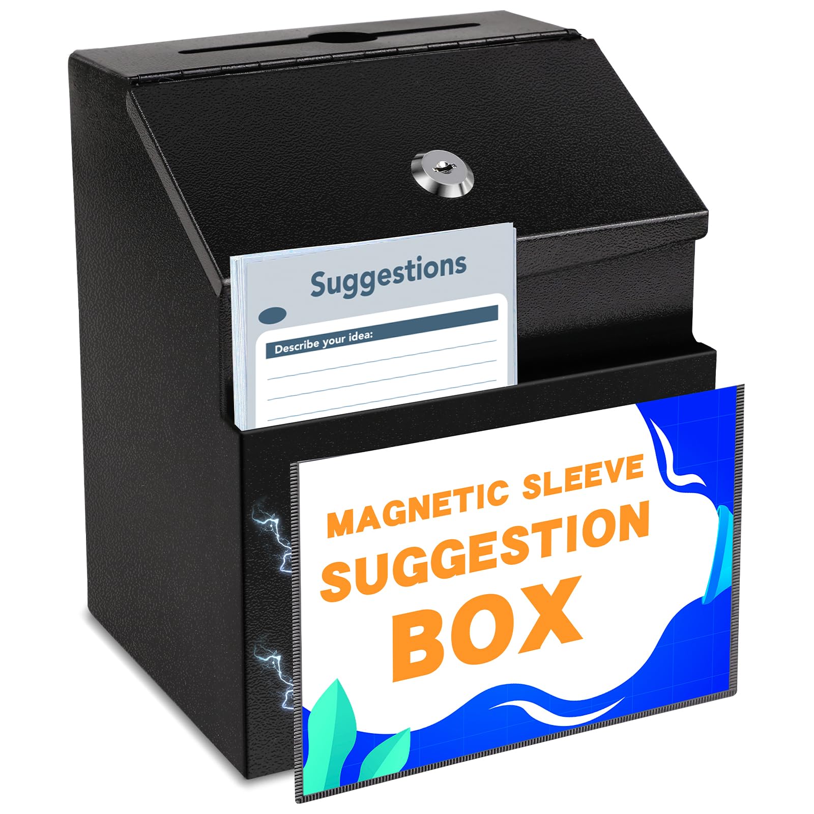 Lockable Magnetic Suggestion Box with 50 Free Cards - Secure Donation & Feedback Metal Mailbox for Office, School, or Community Use