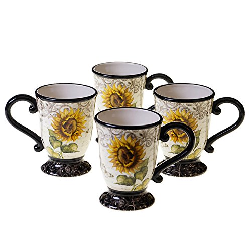 French Sunflower Design 16 oz Coffee Mugs Set of 4 - Ceramic Tea Cups with Handle, Dishwasher & Microwave Safe - Perfect for Home, Office, Gift Giving and Morning Coffee Rituals