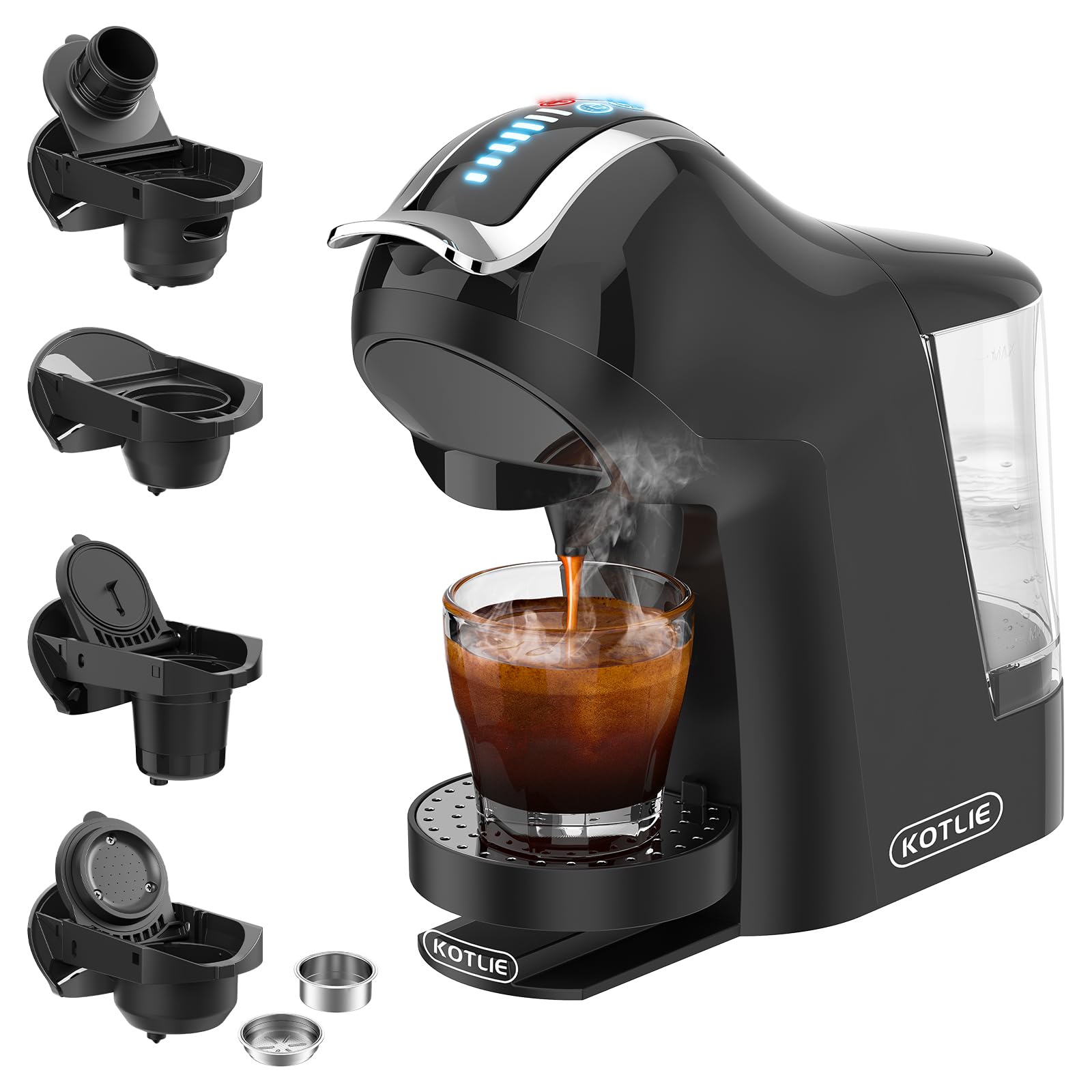KOTLIE 19Bar Espresso Coffee Machine for Cappuccino & Latte - Compatible with Dolce Gusto, Nespresso Original, K-Cup, Ground Coffee & 44mm ESE Pods (Black) - Perfect for Home, Office & Small Cafés