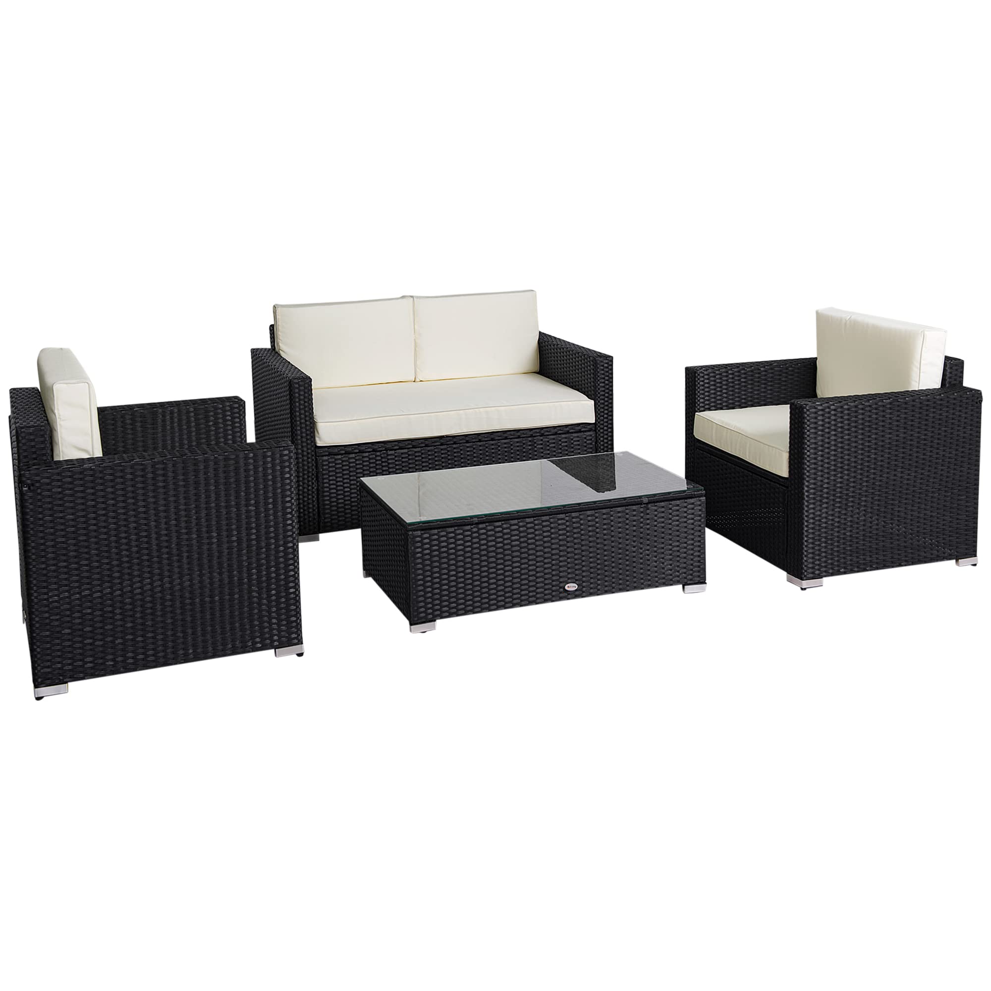 Outsunny 4-Piece White Wicker Patio Furniture Set with Cushions - Outdoor Sectional Sofa Set with 2 Sofas, Loveseat & Glass Top Coffee Table - Perfect for Garden, Backyard, Poolside or Patio Relaxation