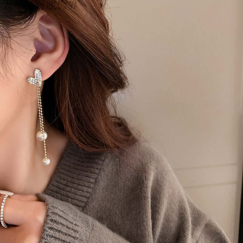 Pearl Heart Tassel Drop Earrings for Women - Elegant Dangling Jewelry Gift for Valentine's Day, Anniversary & Special Occasions | A7430