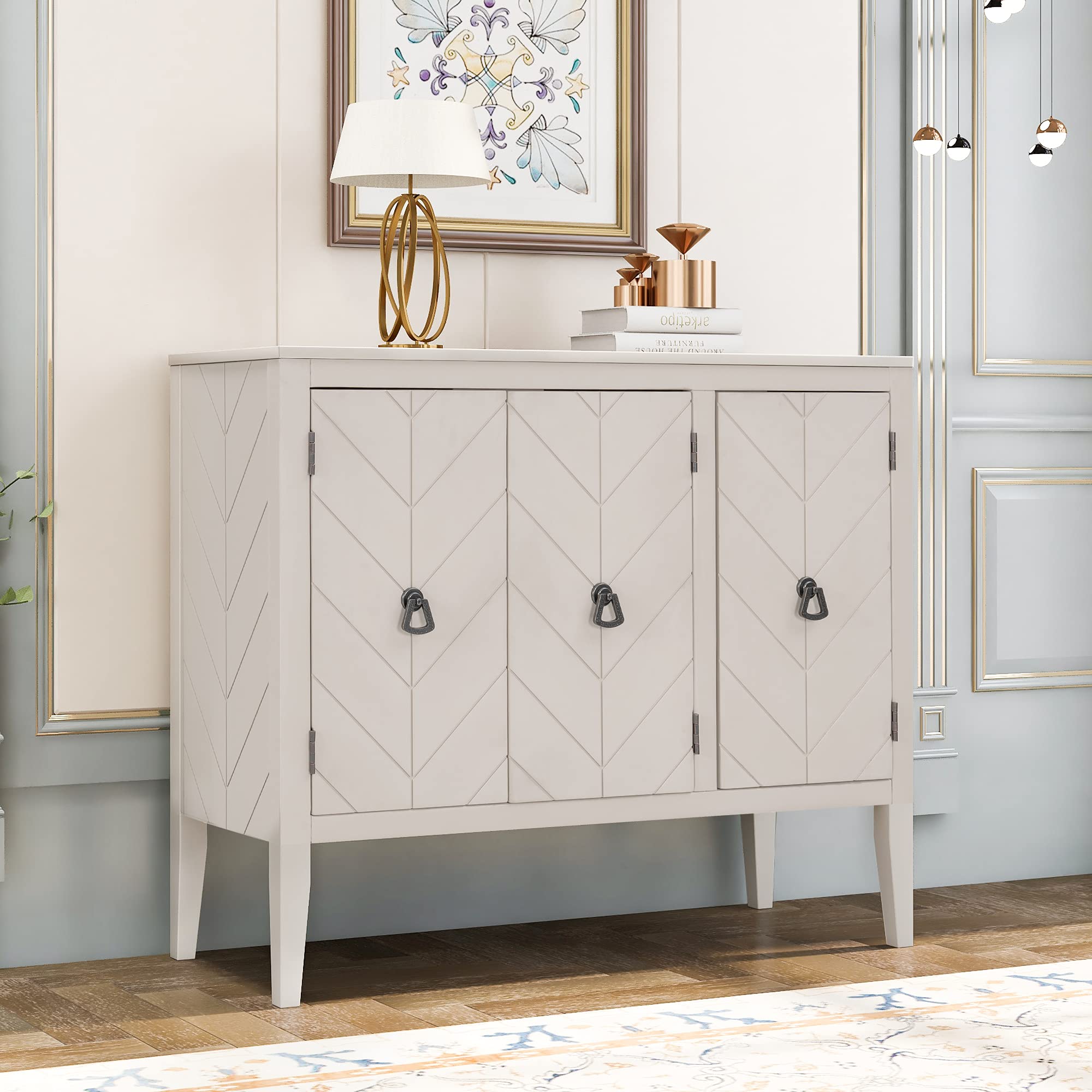 Antique Wooden Storage Sideboard Cabinet with Adjustable Shelf & 3 Doors - Cream White Entryway Buffet for Hallway, Living Room, Bedroom | Perfect for Home Decor, Dining Room Storage & Entryway Organization