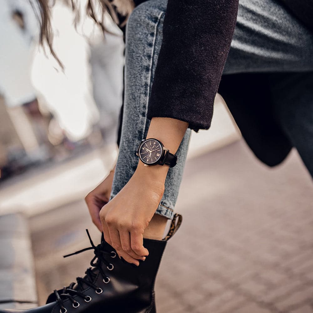 ARIES GOLD Women's Watch - Urban Eternal Black Stainless Steel Case with Black Leather Strap (Model L 1028 BKG) | Elegant Timepiece for Business, Casual Wear & Special Occasions