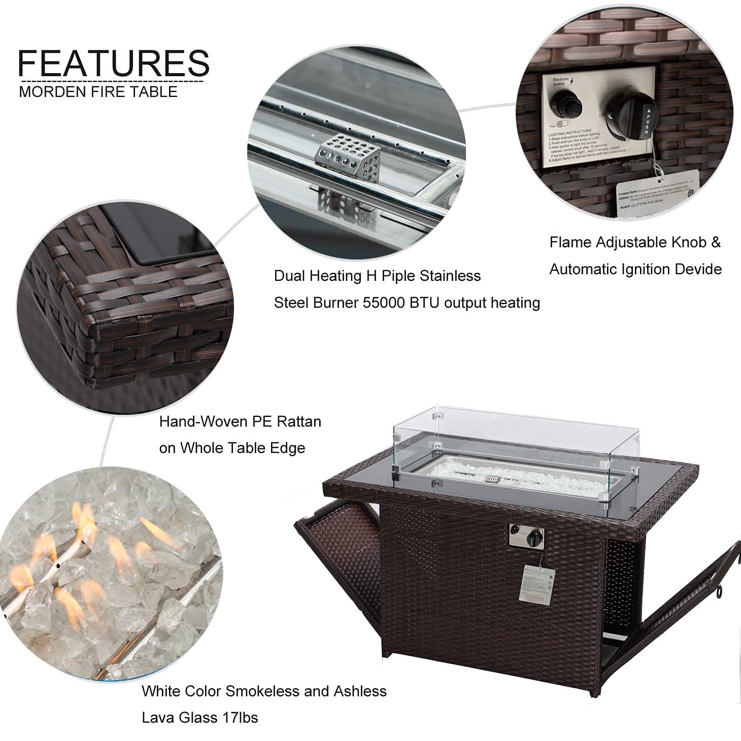 RADIATA 1-Piece PE Wicker Heated Patio Furniture Sectional with 55,000 BTU Propane Fire Pit Table - Outdoor All-Weather Wicker Conversation Set for Winter & Spring (Brown) - Perfect for Backyard Gatherings, Poolside Relaxation, and Cozy Evenings