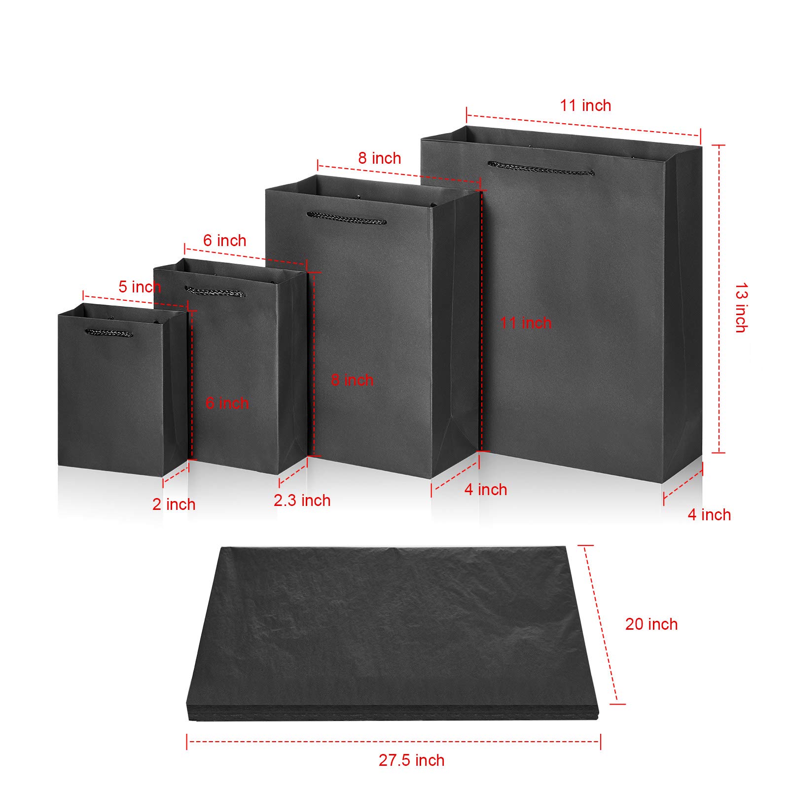 Outus 24-Pack Black Kraft Gift Bags with Paper - 4 Sizes (6-13