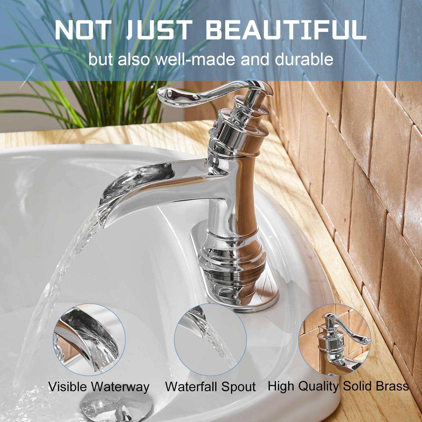 Homevacious Single Hole Waterfall Bathroom Faucet - Chrome Vanity Sink Faucet with Lever Handle, Deck Mount Basin Mixer Tap for Bathroom & Lavatory - Perfect for Modern Homes, Hotels, and Commercial Spaces