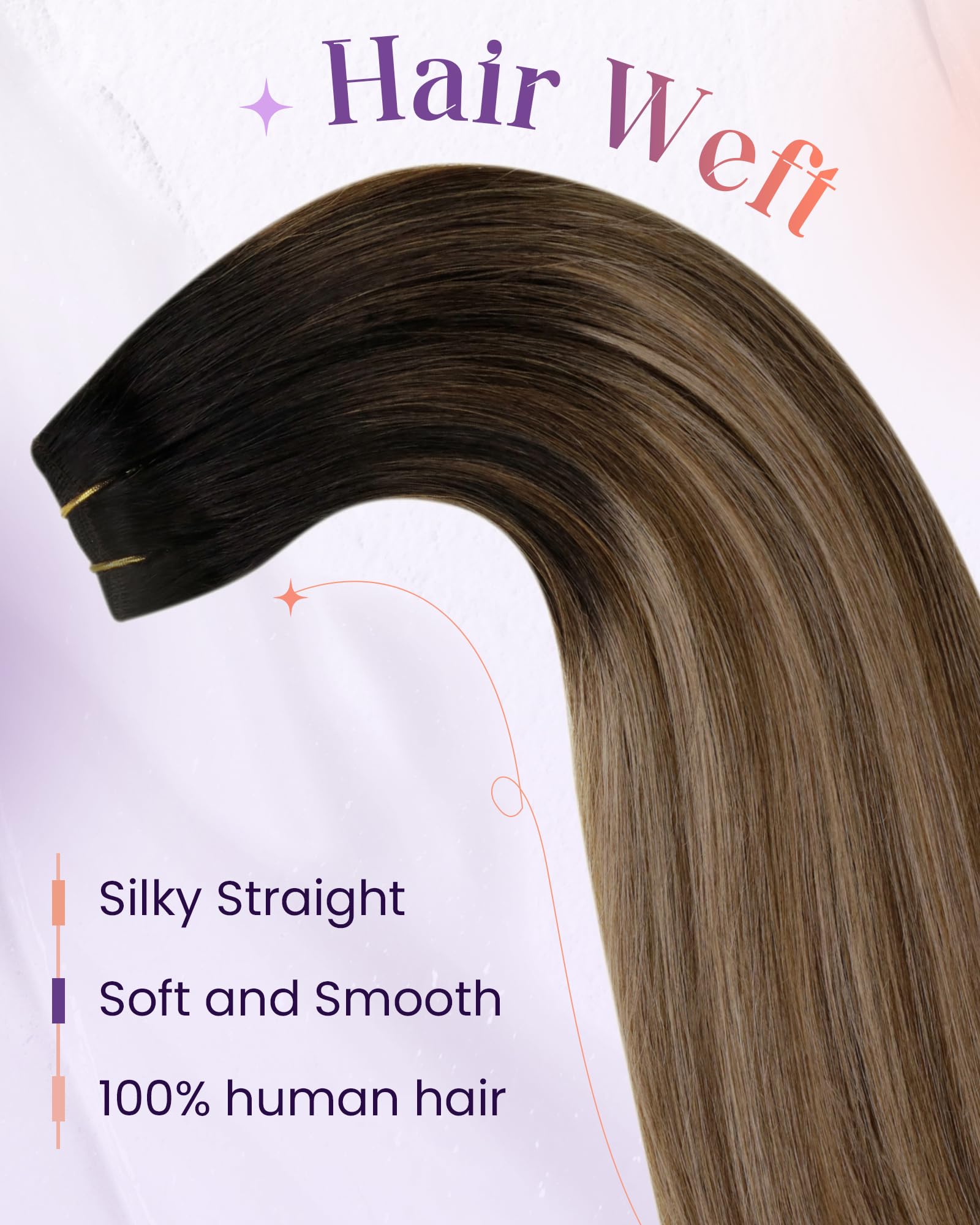 LaaVoo 100% Real Human Hair Weft Extensions - 20 Inch Long, Brown to Ash Blonde Balayage Ombre - 100g Sew-In Hair Extensions for Volume & Length | Perfect for Weddings, Parties & Daily Styling