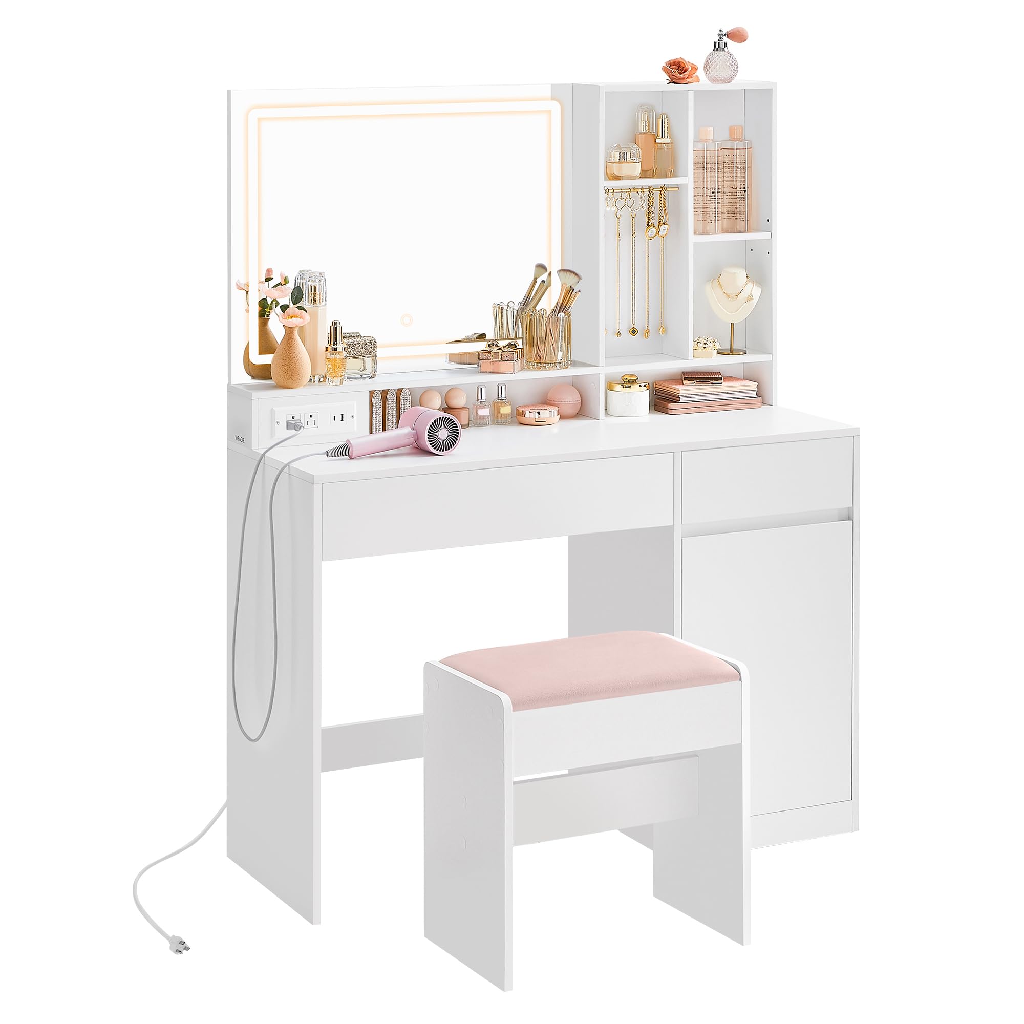 VASAGLE 43.3-Inch Vanity Desk with LED Mirror, Power Outlets & Stool - Adjustable Shelves, Jewelry Storage Drawers - Cloud White Makeup Dressing Table for Bedroom, Home Decor & Beauty Routine