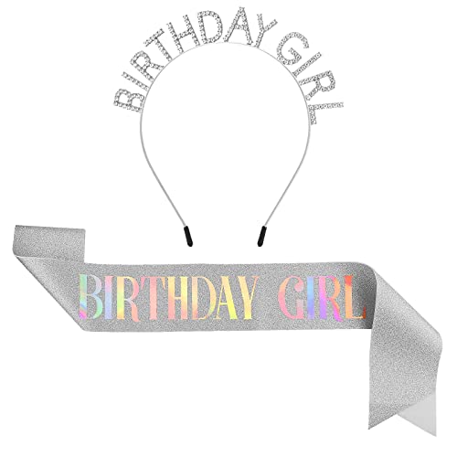 Sparkling Rhinestone Birthday Tiara & Sash Set for Women - Elegant Silver Crown Headband & Sash Accessories for Birthday Girls | Perfect for Quinceañera, Bachelorette Parties & Special Celebrations