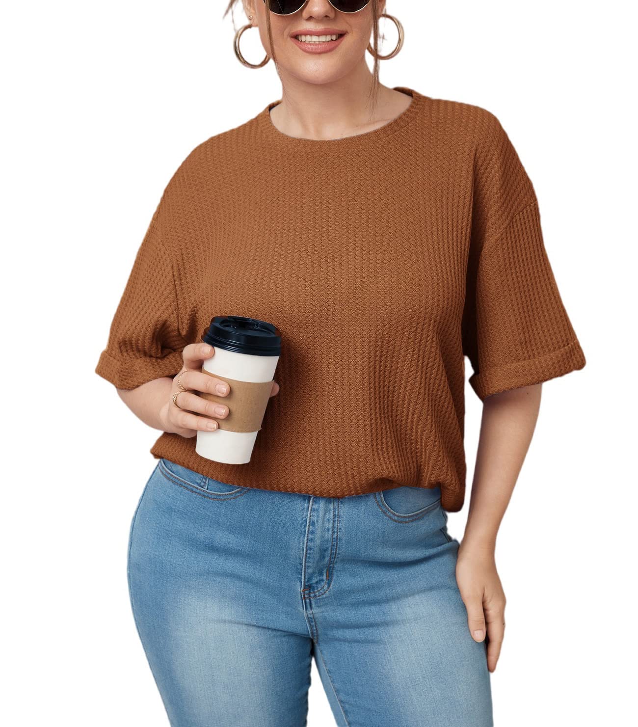 Plus Size Waffle Knit Drop Shoulder T-Shirt for Women - Casual Crewneck Half Sleeve Blouse - Perfect for Everyday Wear, Office & Weekend Outfits
