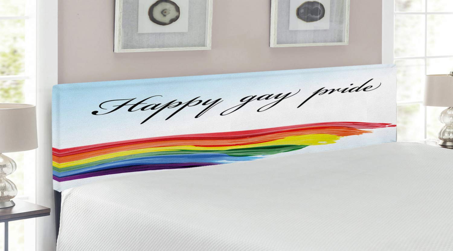 Ambesonne Pride Headboard - Happy Gay Celebration LGBT Themed Upholstered Metal Bed Headboard with Memory Foam, King Size, Multicolor | Perfect for Pride Month Decor, LGBTQ+ Bedroom & Rainbow Themed Home Decor