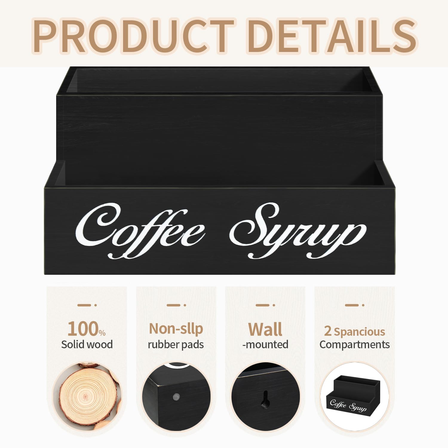 2-Tier Wooden Coffee Bar Organizer with 6 Syrup Bottles - Countertop Coffee Station Accessories for Espresso, Latte & Cappuccino - Farmhouse-Style Condiment Rack for Coffee Lovers (Perfect for Home Kitchens & Coffee Shops)