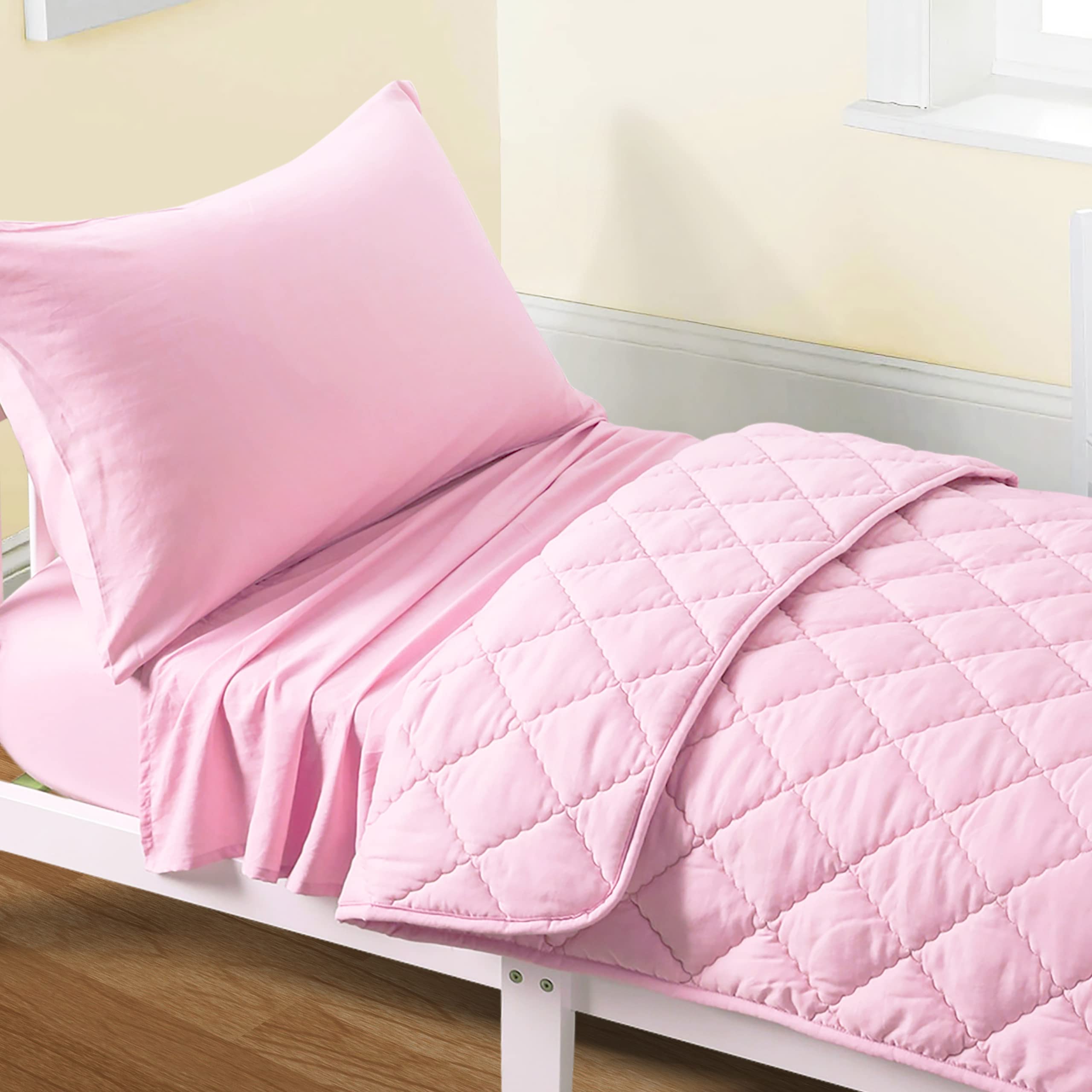 FLXXIE 4-Piece Toddler Bedding Set - Soft Breathable Microfiber Crib Sheets with Quilted Comforter, Flat Sheet, Fitted Sheet & Pillowcase for Boys & Girls (Pink) - Perfect for Nursery, Daycare & Toddler Rooms