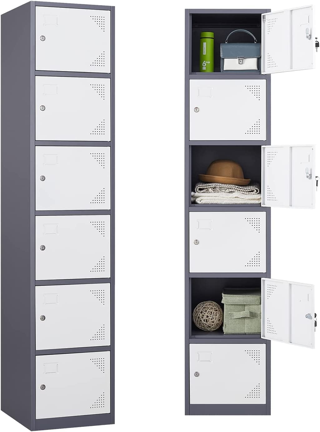 Lockable Metal Storage Lockers with Keys - 6 Door Steel Cabinet for Office, Gym, School & Home (Grey-White) - Secure Employee & Personal Belongings Storage Solution