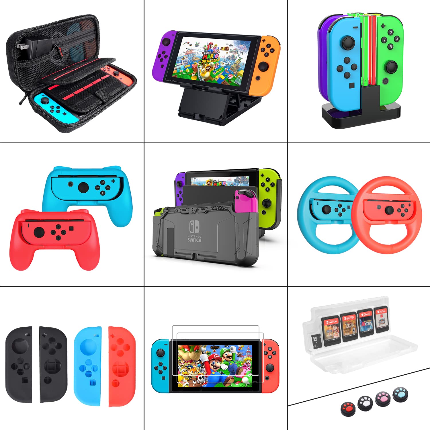 Deruitu 18-in-1 Nintendo Switch Accessories Bundle - Includes Carrying Case, Screen Protector, Playstand, Game Case, Joystick Caps, Charging Dock & Steering Wheel (Red) | Perfect for Travel, Gaming Parties & Home Entertainment