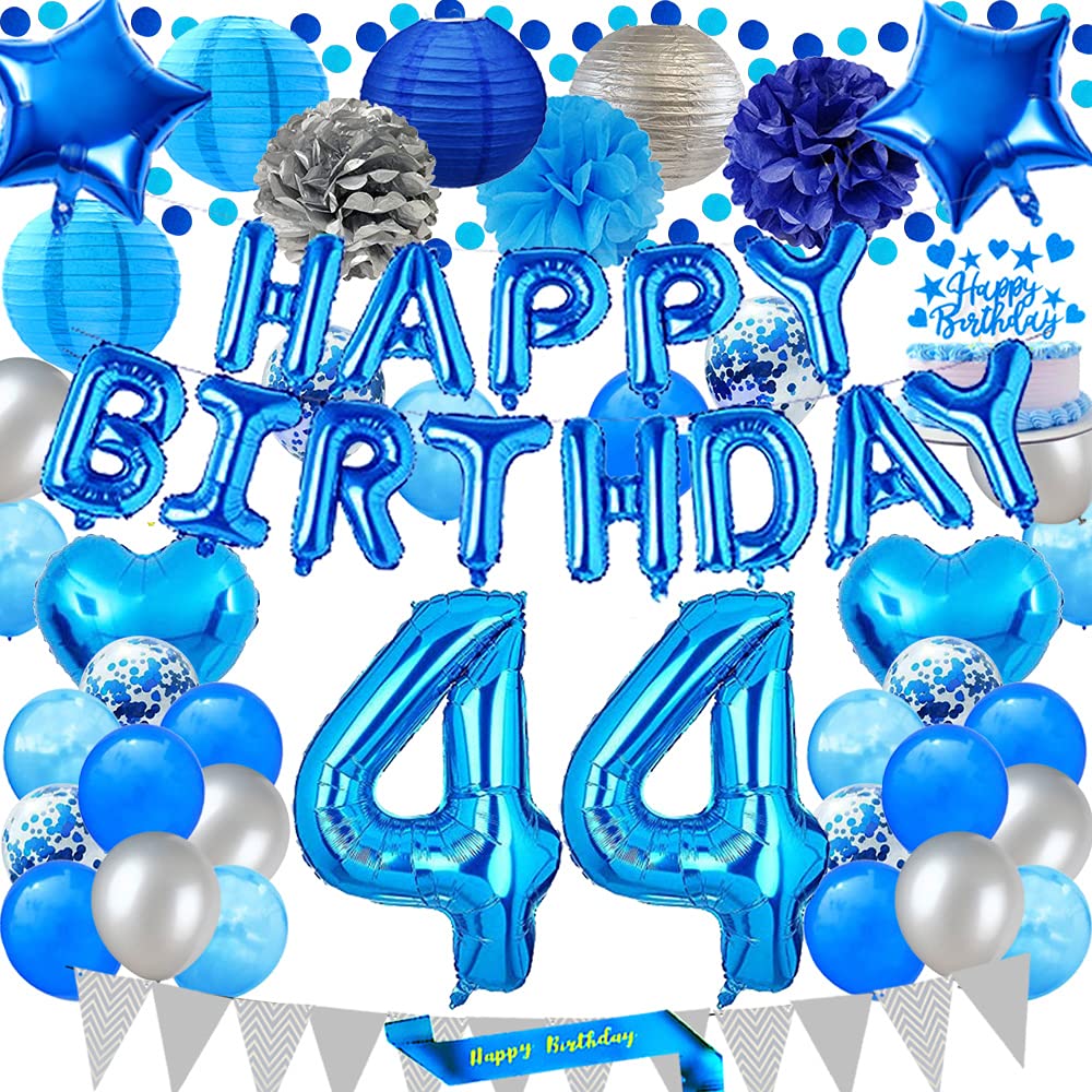 44th Birthday Party Decorations Set - Blue Happy Birthday Banner, Sash, Cake Topper, Balloons & Paper Lanterns for 44 Years Old Celebration | Perfect for Adult Milestone Parties, Anniversary Decor & Festive Home Decorations
