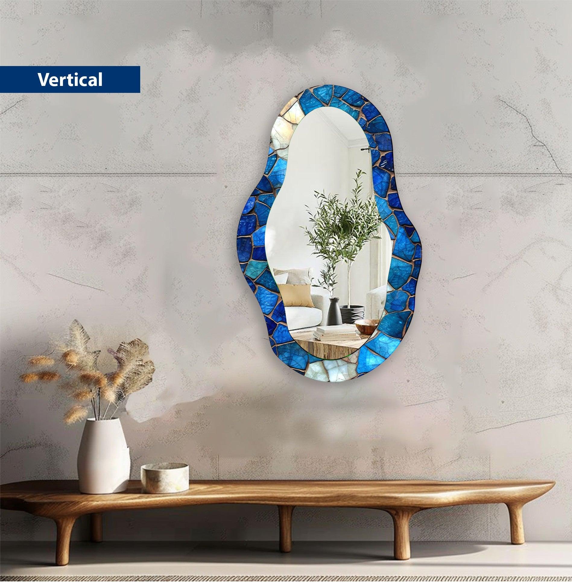 Blue Mosaic Asymmetrical Wall Mirror - Handcrafted Boho Decor for Living Room, Bedroom & Entryway - Unique Decorative Mirror for Home & Office
