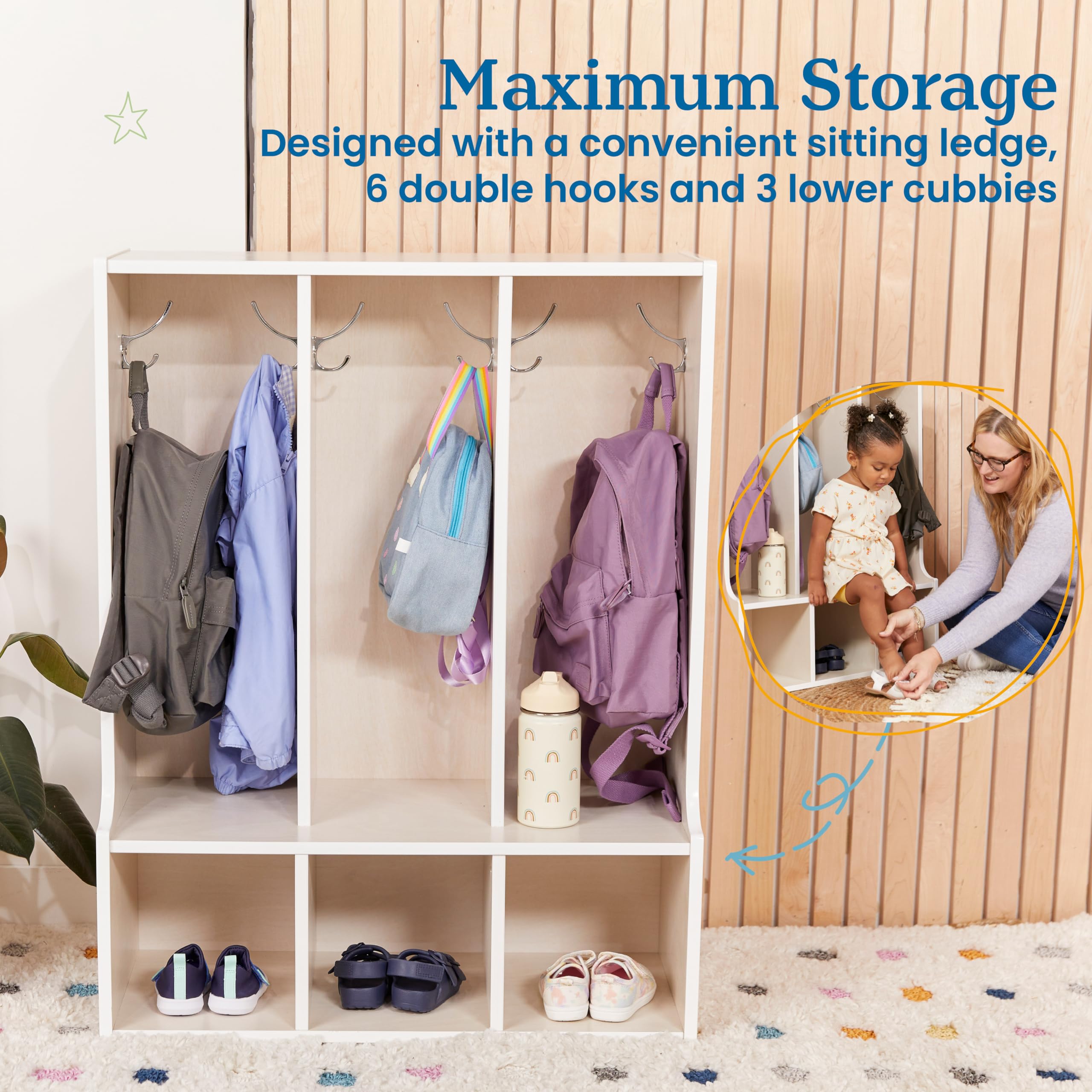 ECR4Kids White Wash 3-Section Toddler Coat Locker with Bench - Kids Storage Furniture for Daycare, Preschool & Home Entryway Organization