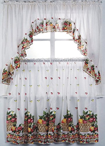 Jasmine Linen 3-Piece Printed Kitchen Curtain Set with Tier - Fruit Basket Design for Windows, Perfect for Farmhouse, Cottage & Country Style Kitchens