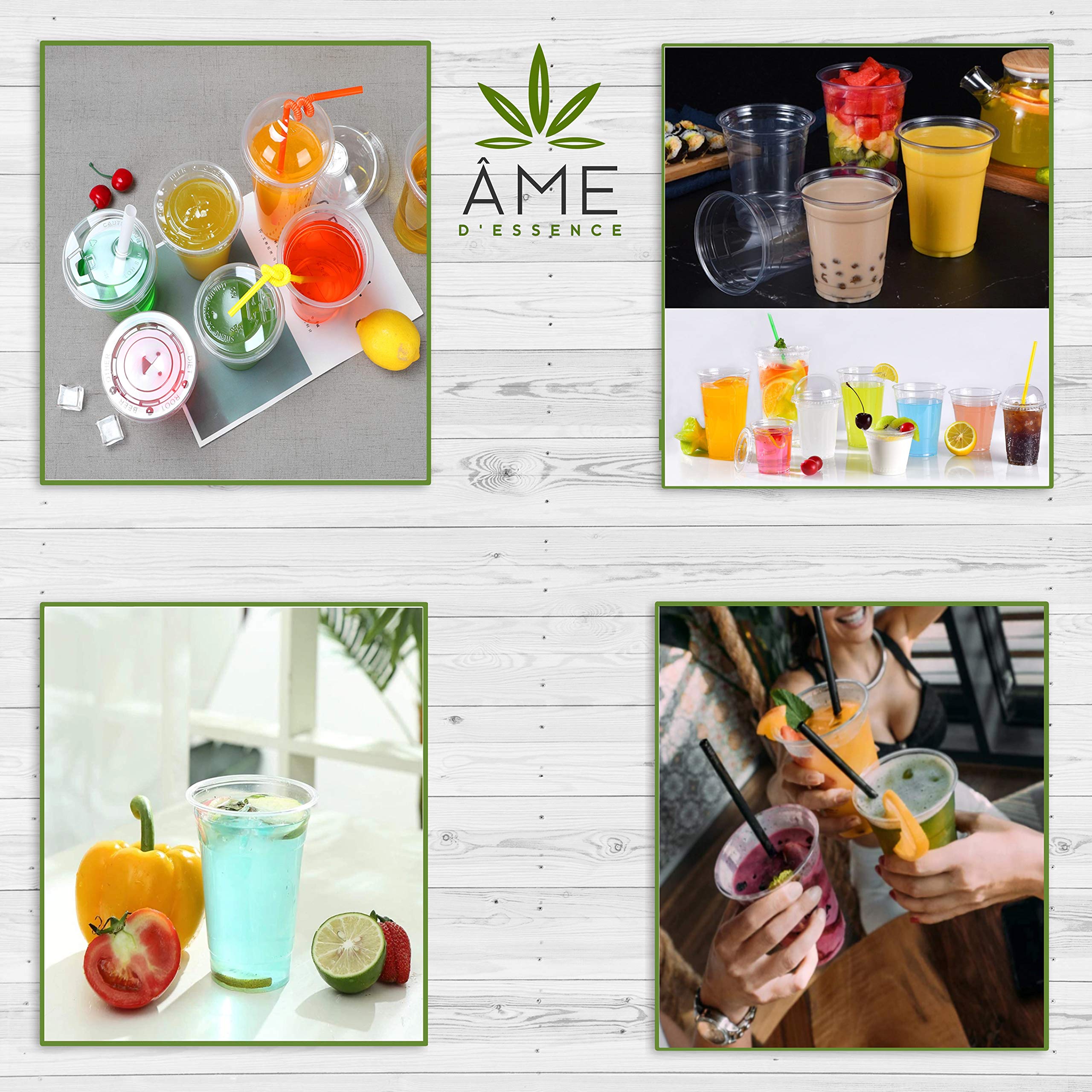 200-Pack AME D'ESSENCE 12 oz Disposable Clear Plastic Cups with Flat Lids & Bonus Straws - Perfect for Iced Coffee, Parties, and Beverage Service (100 Cups + 100 Lids)