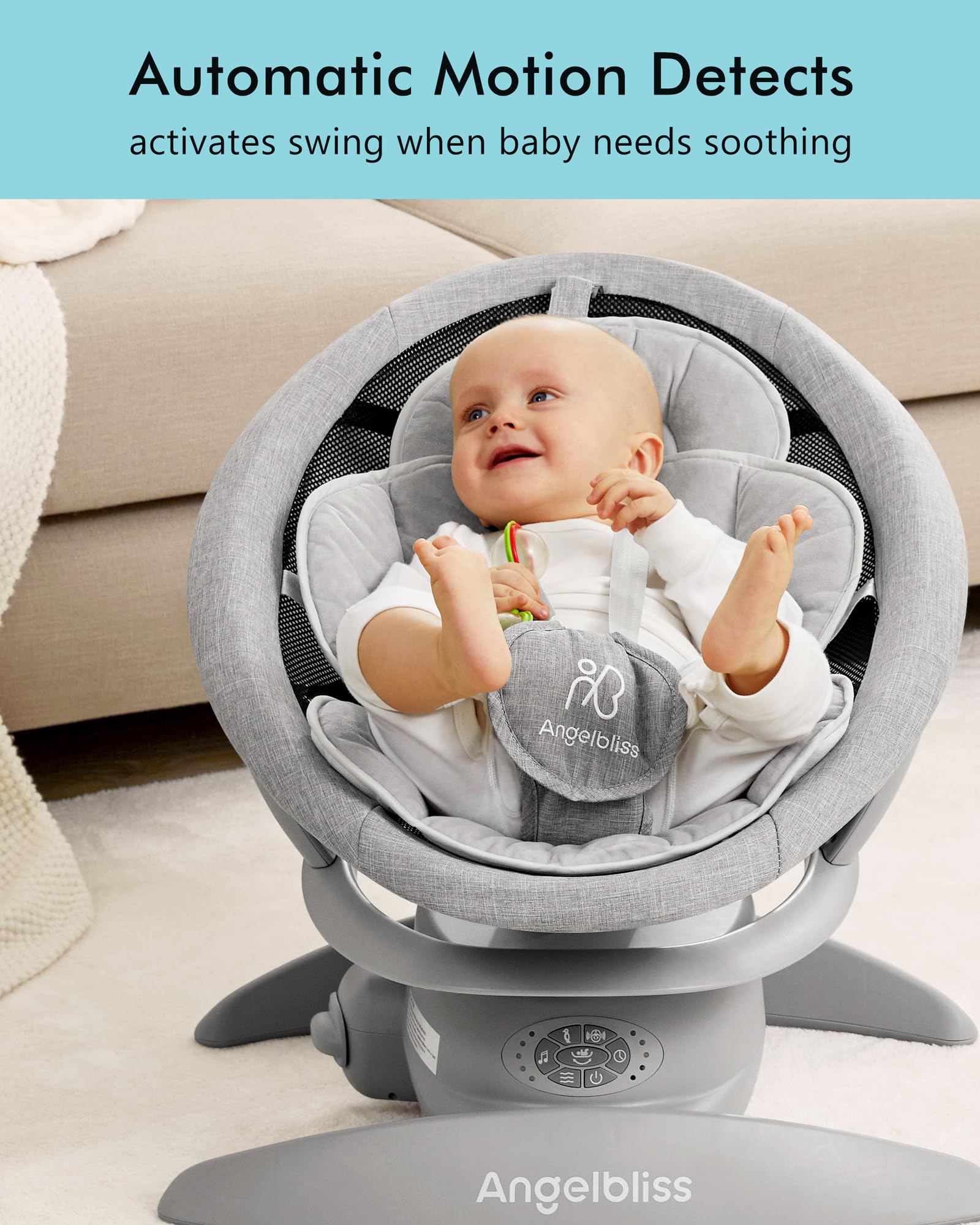 Angelbliss 3-in-1 Baby Swing with Motion Detection | Portable Infant Swing with Removable Rocker & Stationary Seat | Bluetooth Enabled with 3 Soothing Motions (Grey) | Perfect for Nursery, Travel & Calming Fussy Babies