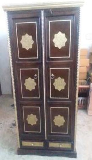 Handcrafted Embossed Brass Indian Wooden Wardrobe Cabinet - Vintage Boho Bedroom Storage Furniture for Home Decor