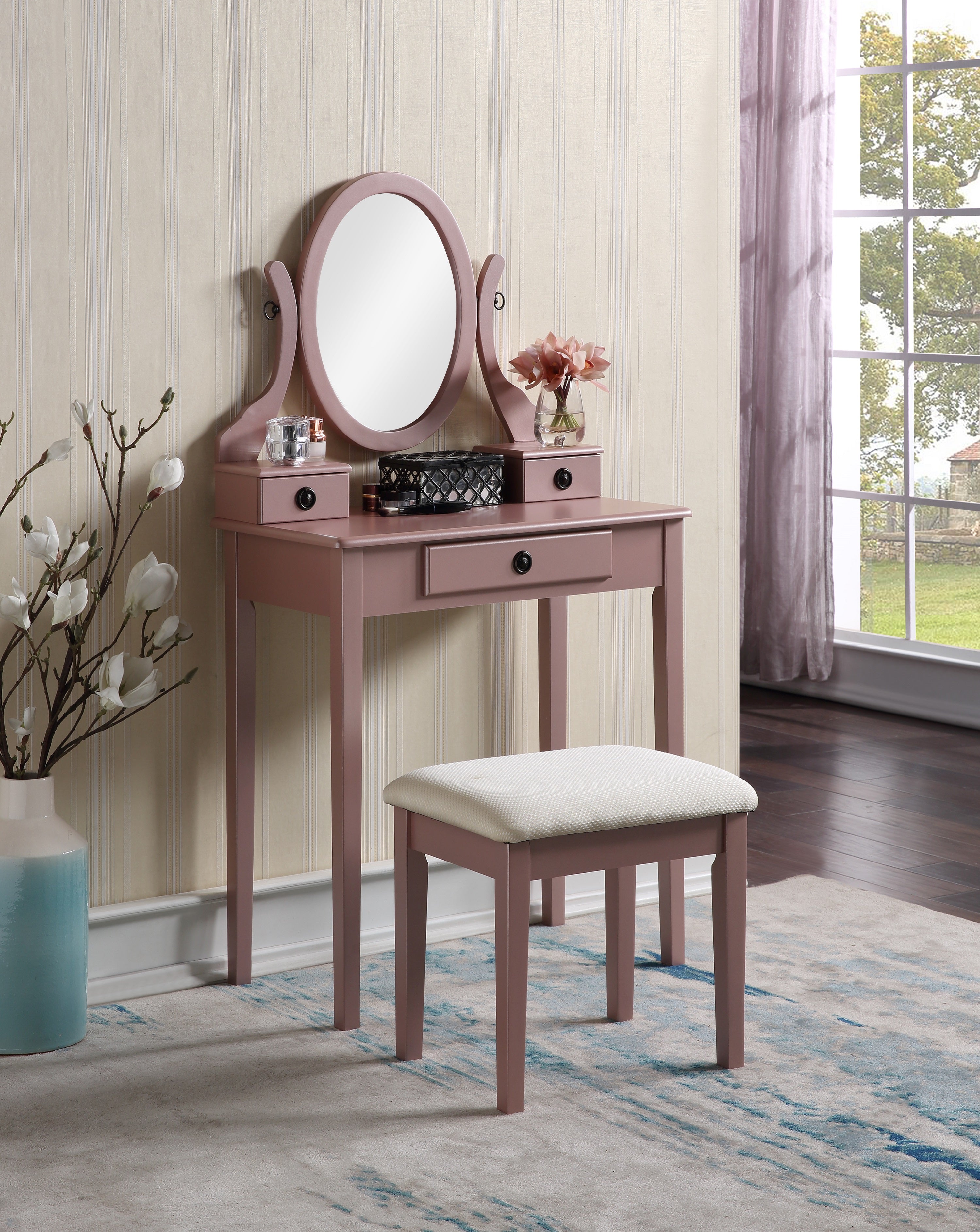 Roundhill Furniture Moniya Wood Makeup Vanity Table and Stool Set with Rose Gold Finish - Elegant Dressing Table for Bedroom, Bathroom & Boudoir Makeup Organization
