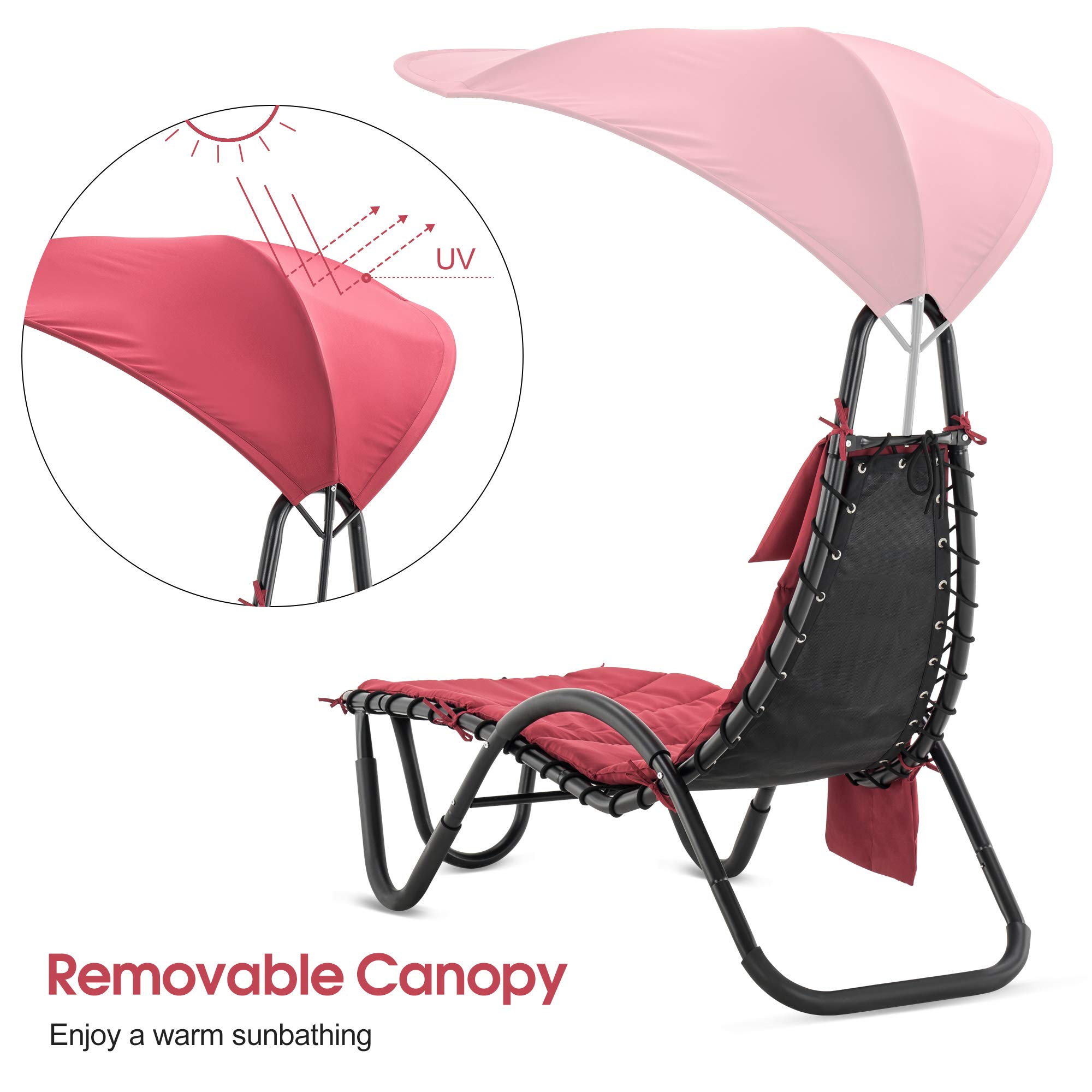 MCombo Outdoor Steel Chaise Lounge Chair with Removable Canopy & Cushions - Adjustable Reclining Patio Chair with Side Pocket & Arc Stand - Perfect for Beach, Poolside, Backyard, Balcony & Porch Relaxation (Burgundy, 4097) - Ideal for Sunbathing, Lounging & Outdoor Leisure Activities