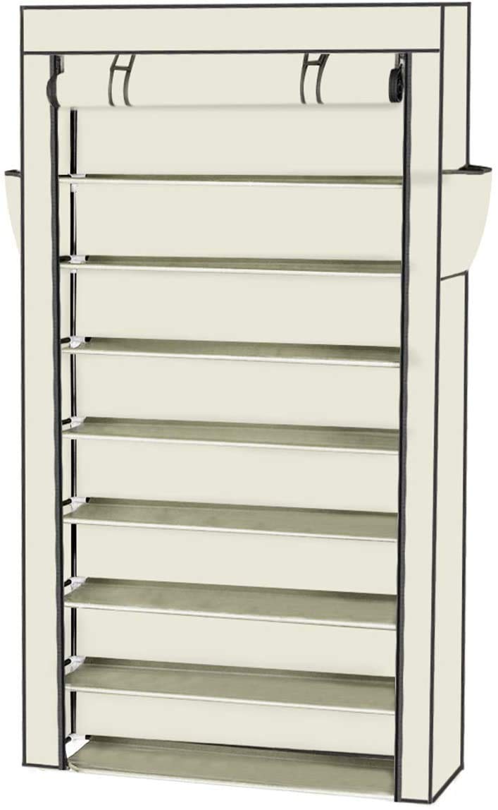 10-Tier Shoe Rack Organizer with Dustproof Cover - Extra Wide Beige Shoe Cabinet for Closet Storage (Holds 45 Pairs) - Perfect for Bedroom, Entryway & Mudroom Organization