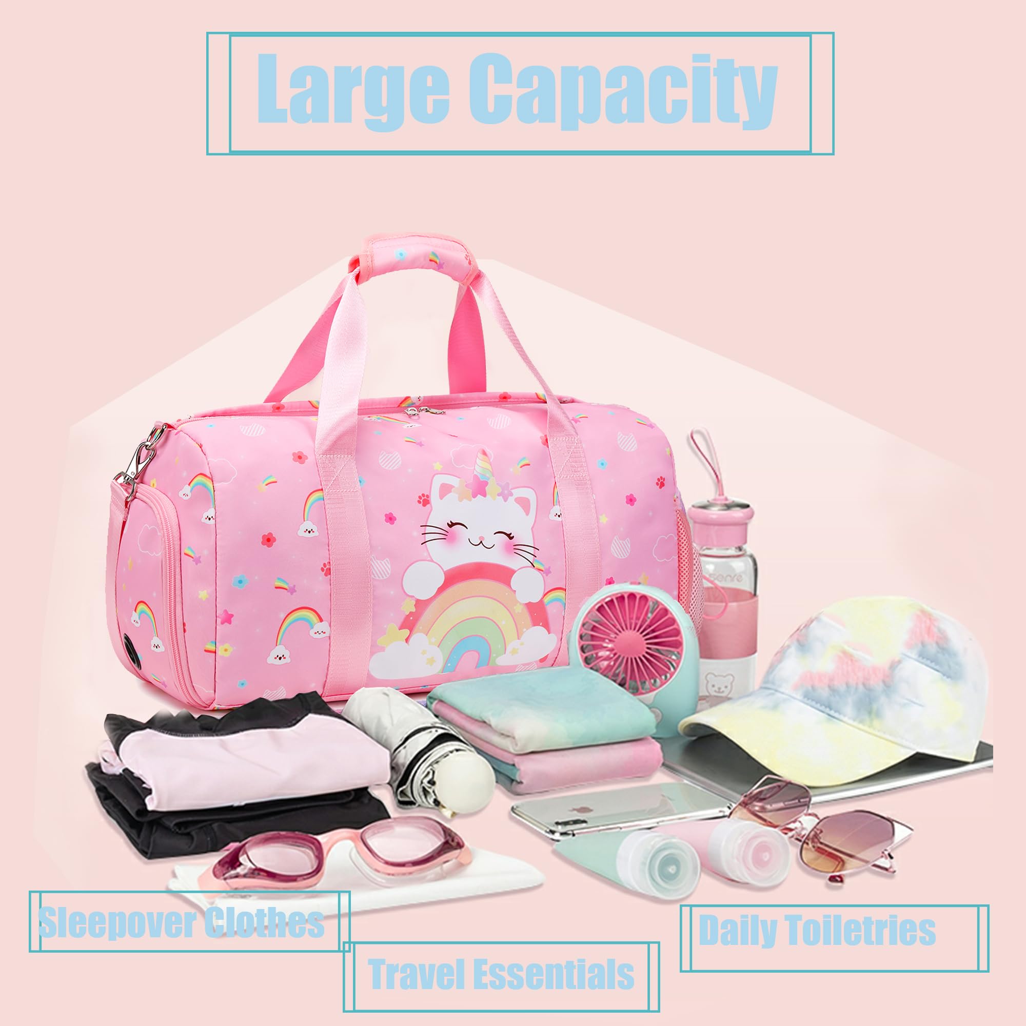 Unicorn Cat Ballet Dance Bag for Girls - Duffle Gym Bag with Shoe Compartment & Wet Pocket - Perfect for Ballet Class, Gymnastics Practice, Travel & Sleepovers