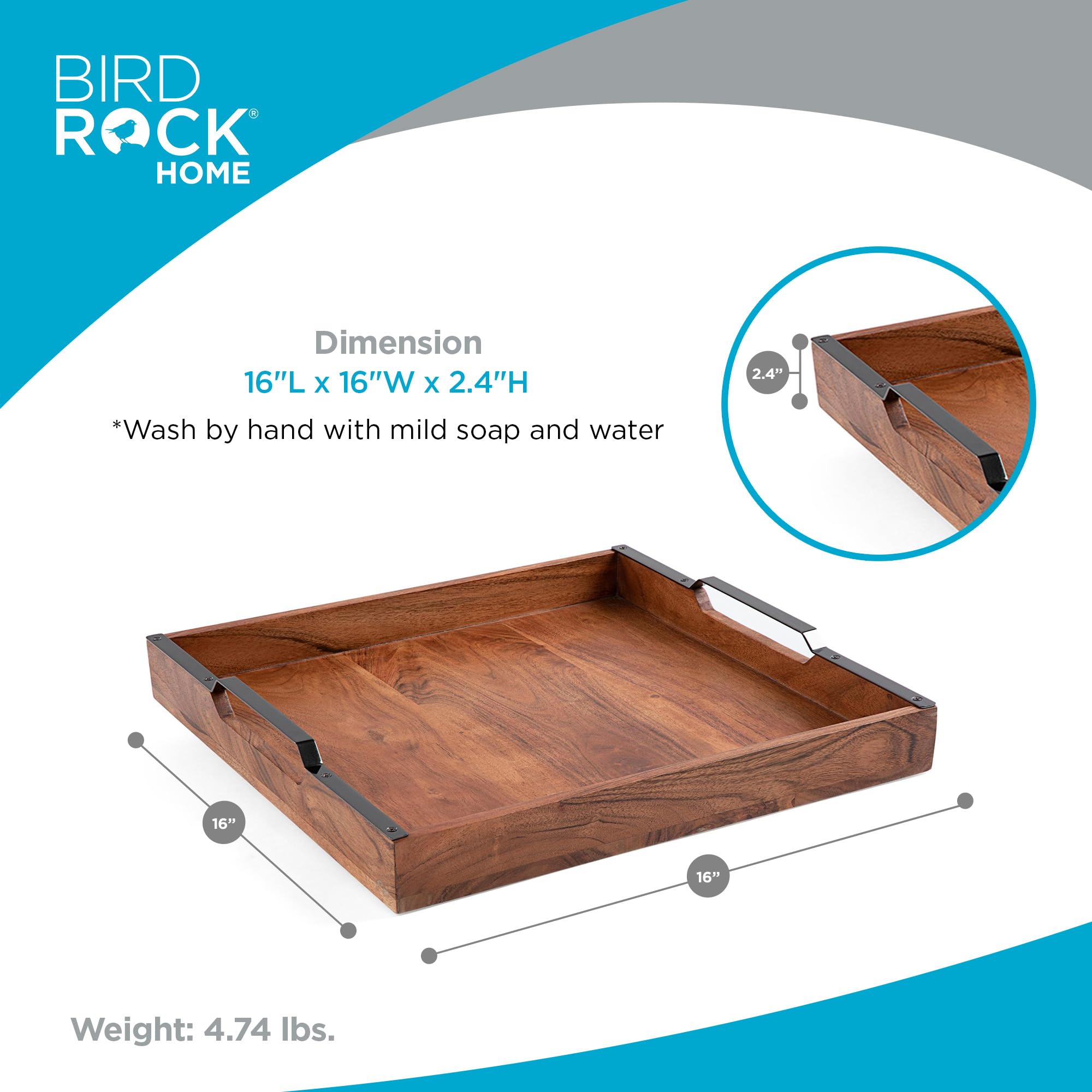 BIRDROCK HOME Acacia Wood Serving Tray with Handles - Farmhouse Style Square Wooden Tray for Breakfast, Tea, Cheese & Coffee - Natural Kitchen & Bar Decor - Perfect for Dining, Entertaining & Home Decor