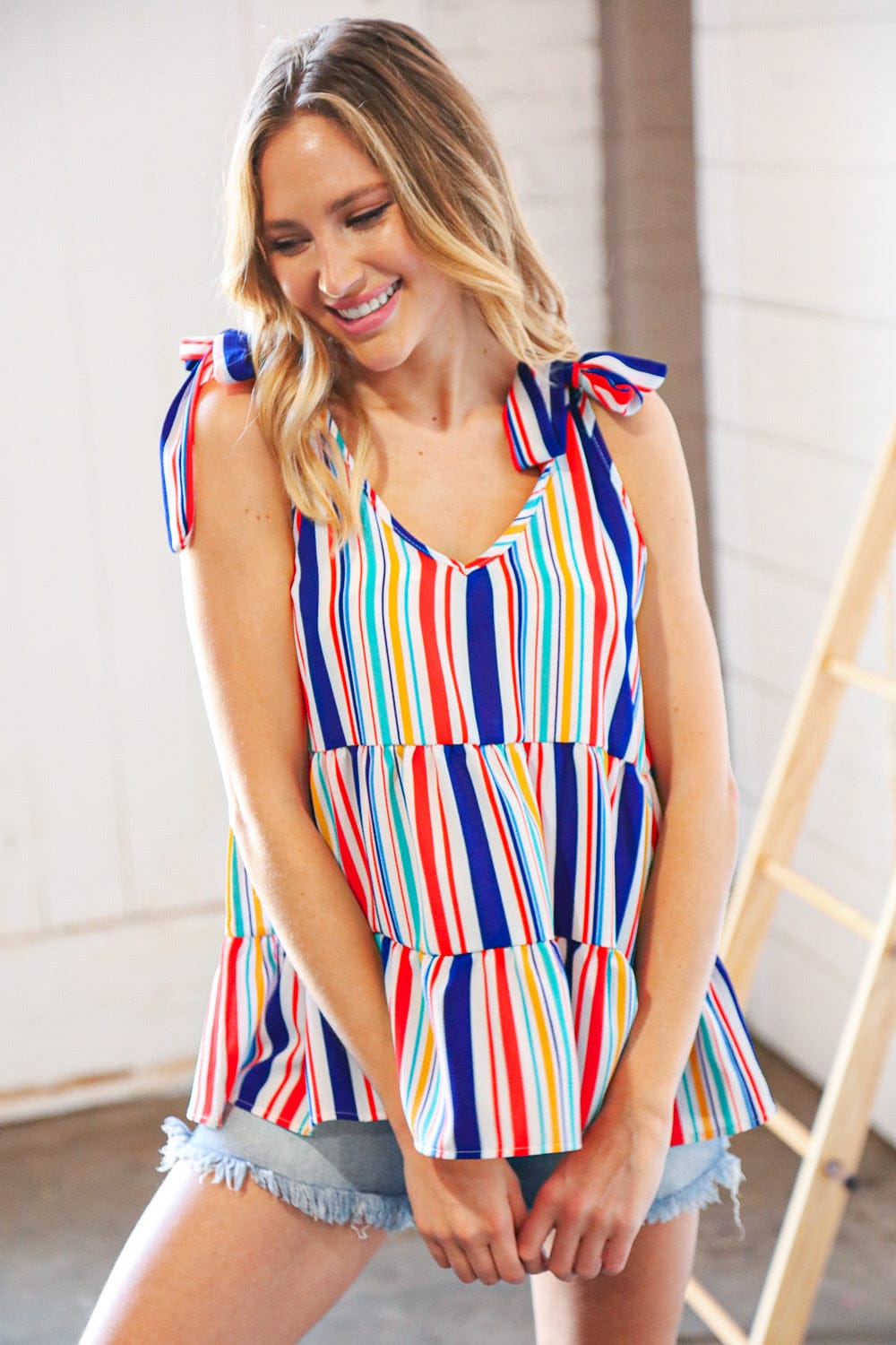 Stylish Multicolor Vertical Stripe Bow Tie Woven Blouse for Women | Elegant Office Wear & Party Outfit