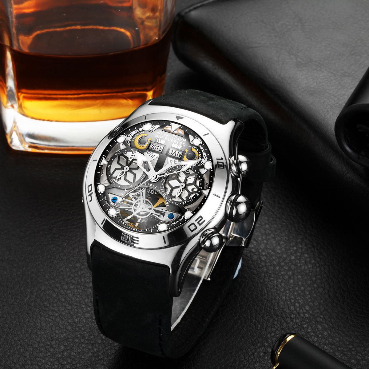 REEF TIGER Men's Black Skeleton Dial Steel Tourbillon Sport Watch RGA703 - Perfect for Outdoor Adventures, Gym Workouts & Business Casual Wear