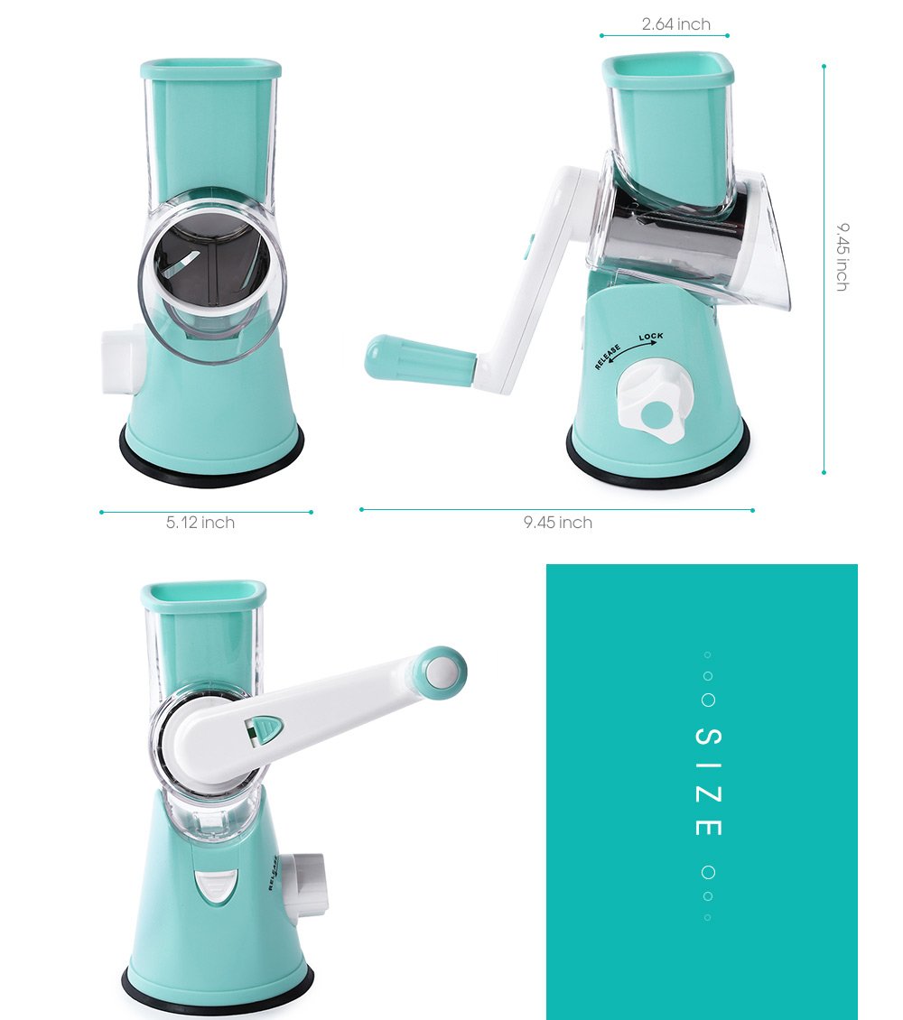 Premium Rotary Cheese Grater - Stainless Steel Vegetable Slicer for Potato, Carrot & Nuts - Includes Cleaning Brush - Blue Kitchen Mandoline - Perfect for Salads, Pasta & Meal Prep