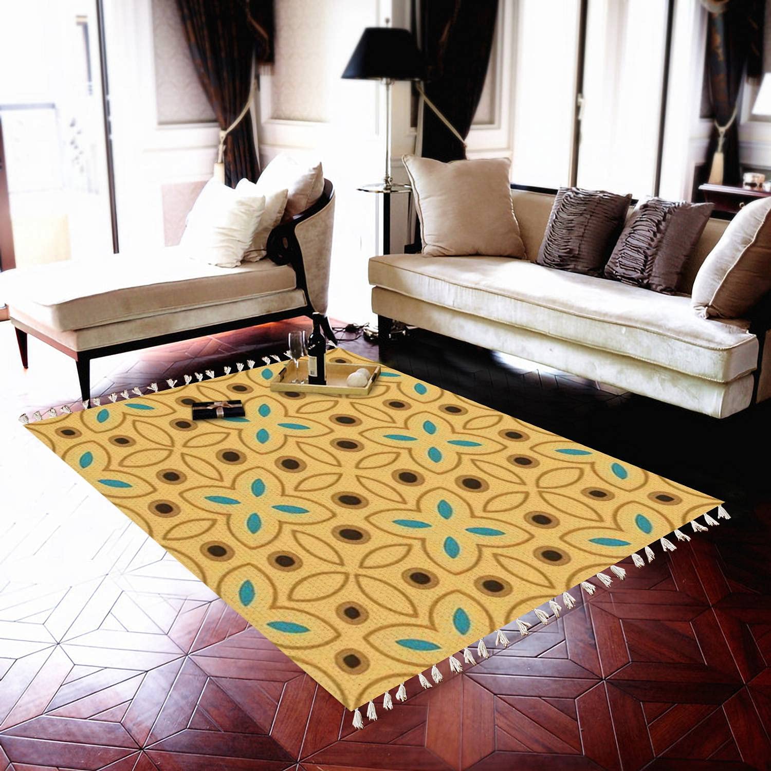 Boho Rug Brown and Turquoise Ethnic Bohemian Abstract Geometric Area Rug - Non-Slip Soft Carpet for Living Room, Bedroom, Patio, Hallway - Indoor/Outdoor Home Decor with Minimalist Design (Perfect for Bohemian Style Homes, Apartments, and Dorm Rooms)