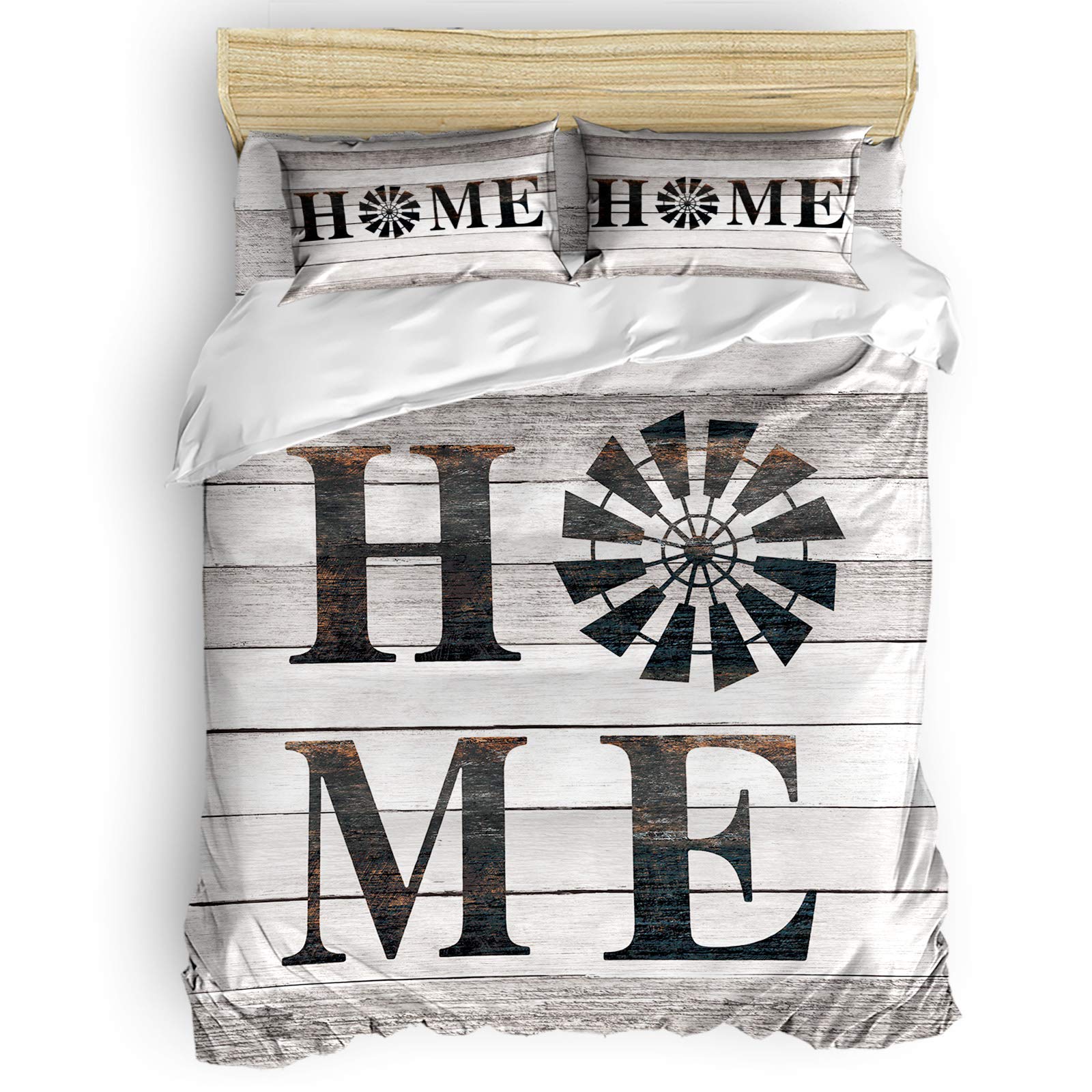 4-Piece Twin Size Quilted Comforter Set - Farmhouse Black Windmill Design for Kids' Bedroom, Boys & Girls (Includes Comforter Cover, Top Sheet & Pillowcases) - Rustic Grey Wood Pattern - Perfect for Home, Guest Room & Hotel Decor