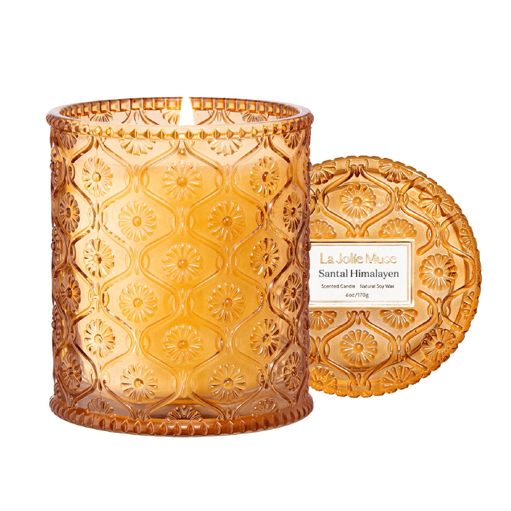 LA JOLIE MUSE Sandalwood Scented Candle - Himalayan Santal Aroma, 6oz Soy Wax Candle with 40-Hour Burn Time, Luxury Home Decor & Relaxing Gift for Women - Perfect for Spa Nights, Meditation & Cozy Home Ambiance
