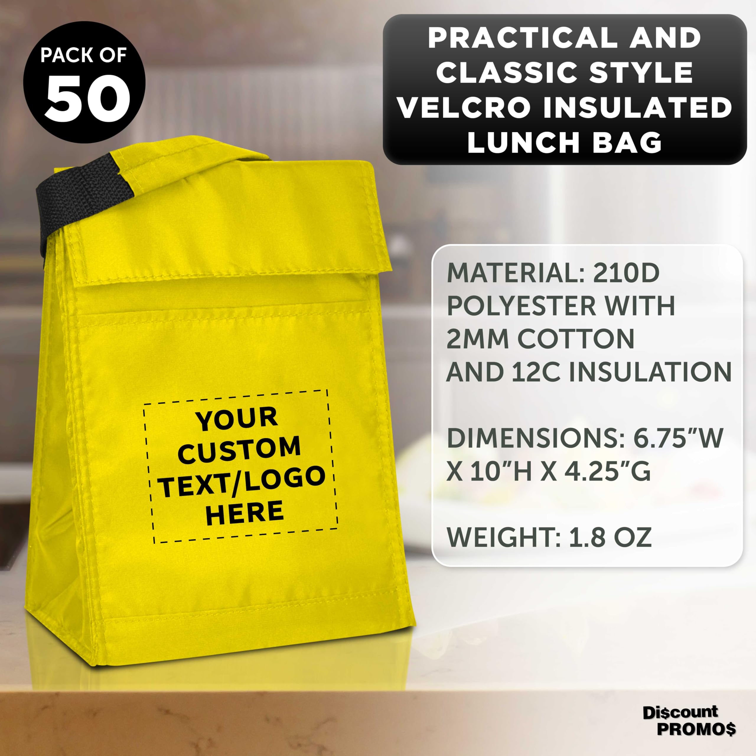 50-Pack Customizable Hook & Loop Insulated Lunch Bags - Durable Polyester Reusable Food Containers with Vibrant Yellow Color - Perfect for School, Office & Picnic Lunch Storage
