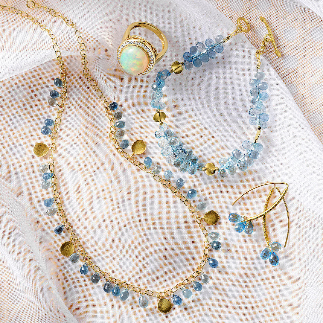 Elegant Aquamarine Briolette & Floral Petal Necklace | Dainty Gemstone Jewelry for Women | Perfect for Weddings, Anniversaries & Special Occasions