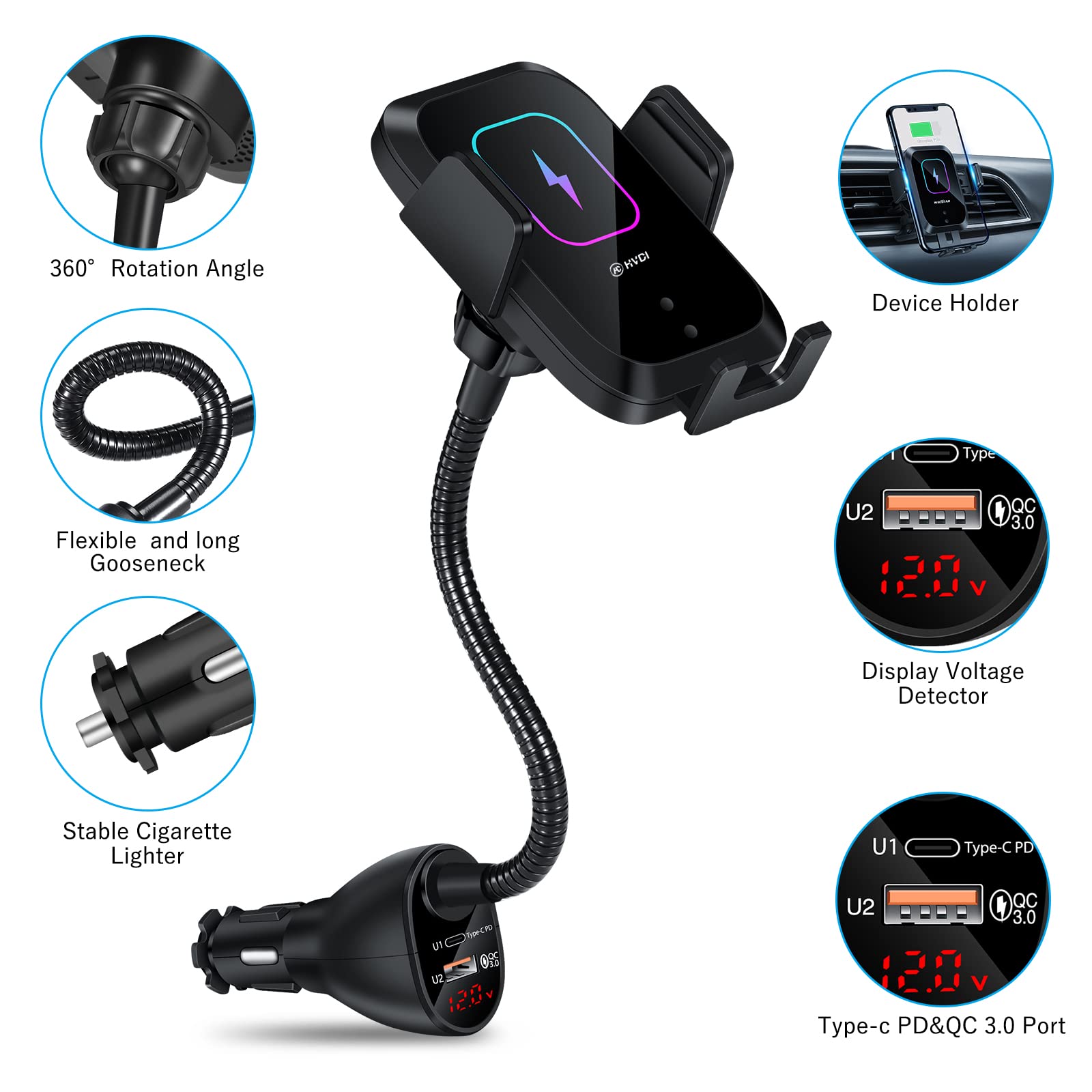 15W Qi Fast Wireless Car Charger Mount with Auto-Clamping & Dual QC 3.0 Ports - Universal Phone Holder for iPhone 13 Pro Max/12/11/XR/X/8, Samsung S21/S20/S10/9/8 - Perfect for Hands-Free Charging While Driving