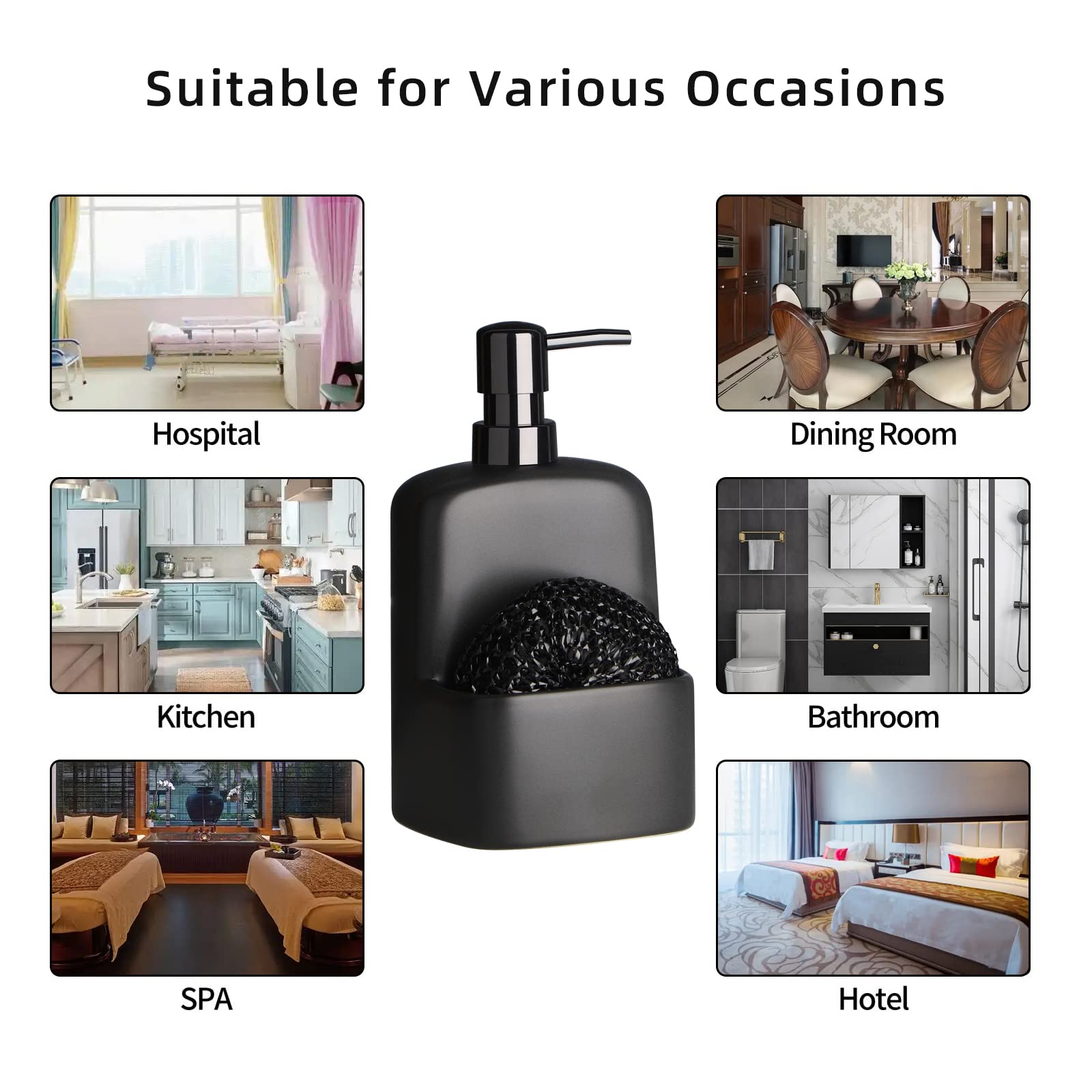 BosilunLife Black Ceramic Dish Soap Dispenser with Sponge Holder - 20oz Matte Kitchen Soap Pump & Sponge Caddy for Sink Countertop - Perfect for Kitchen, Bathroom, and Office Cleaning Organization
