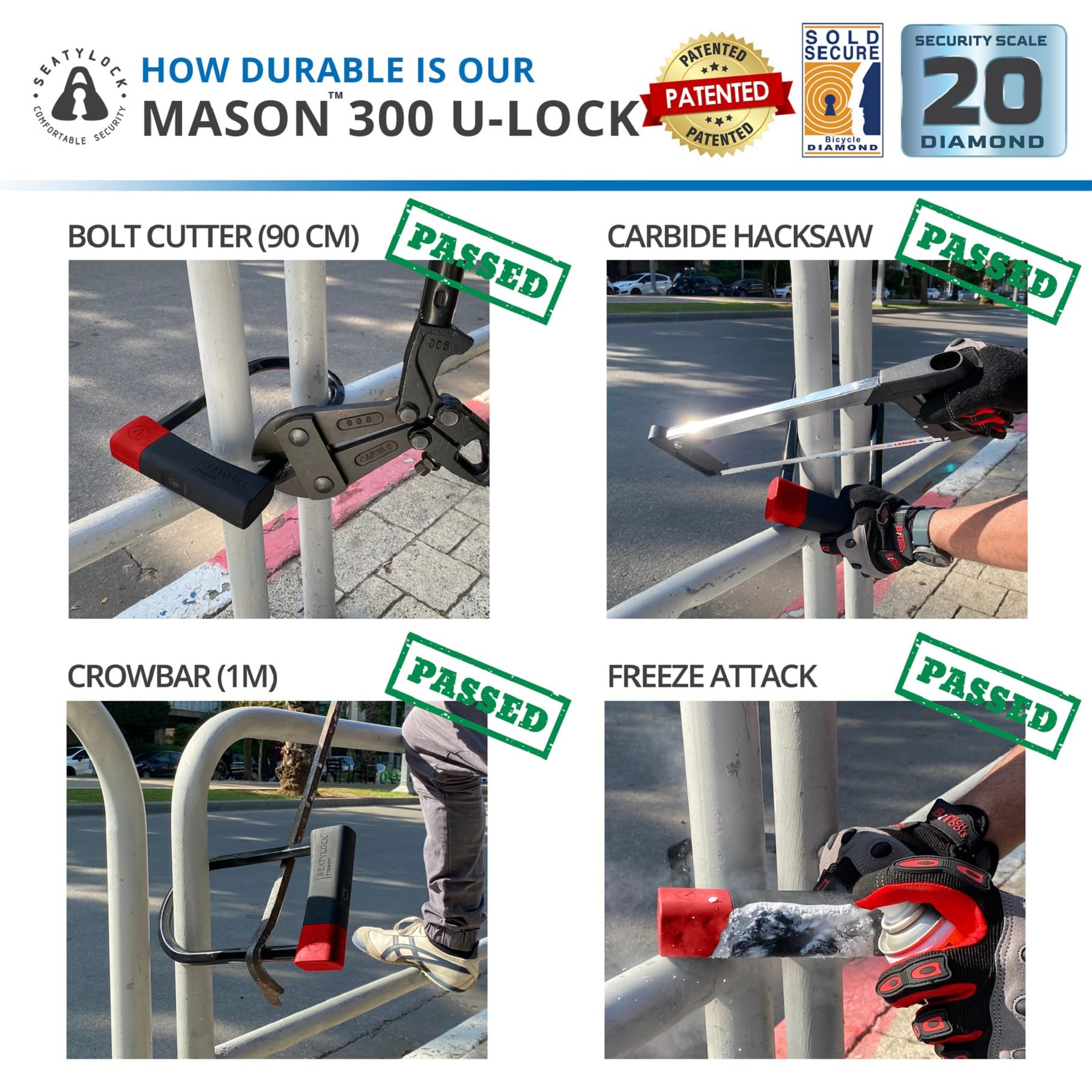 Heavy Duty Seatylock Mason Bike U Lock - Patented Anti-Theft Diamond Security Bicycle Lock with Keys - 11.8 Inch Super Wide Safety U-Lock for Electric Bikes, Scooters & Motorcycles - Perfect for Urban Commuting, Campus Security & Outdoor Adventures
