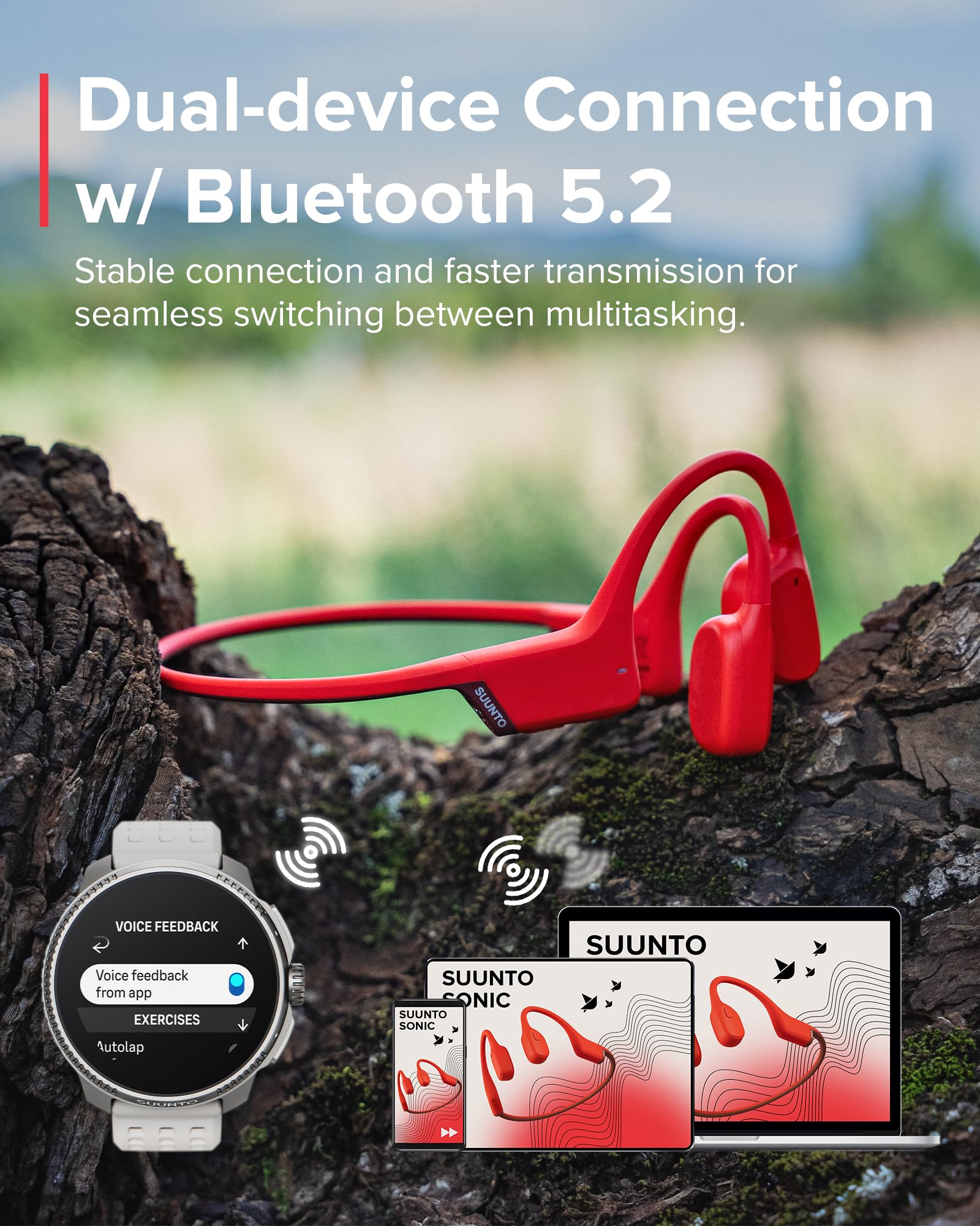SUUNTO Sonic Open-Ear Bone Conduction Sports Headphones - Bluetooth Wireless Headset with Enhanced Bass, Multipoint Connection, 10H Playtime & Fast Charging - Built-in Dual Mics, IP67 Waterproof, Lightweight Design (Red) - Perfect for Running, Cycling & Outdoor Workouts