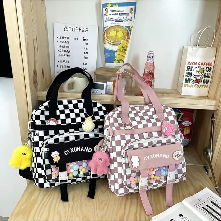 Cute Japanese Kawaii Messenger Bag - Stylish Laptop Backpack for School, Travel & Work - Multifunctional Plaid Shoulder Tote Bag for Women & Teens - Perfect for College, Office & Daily Commute
