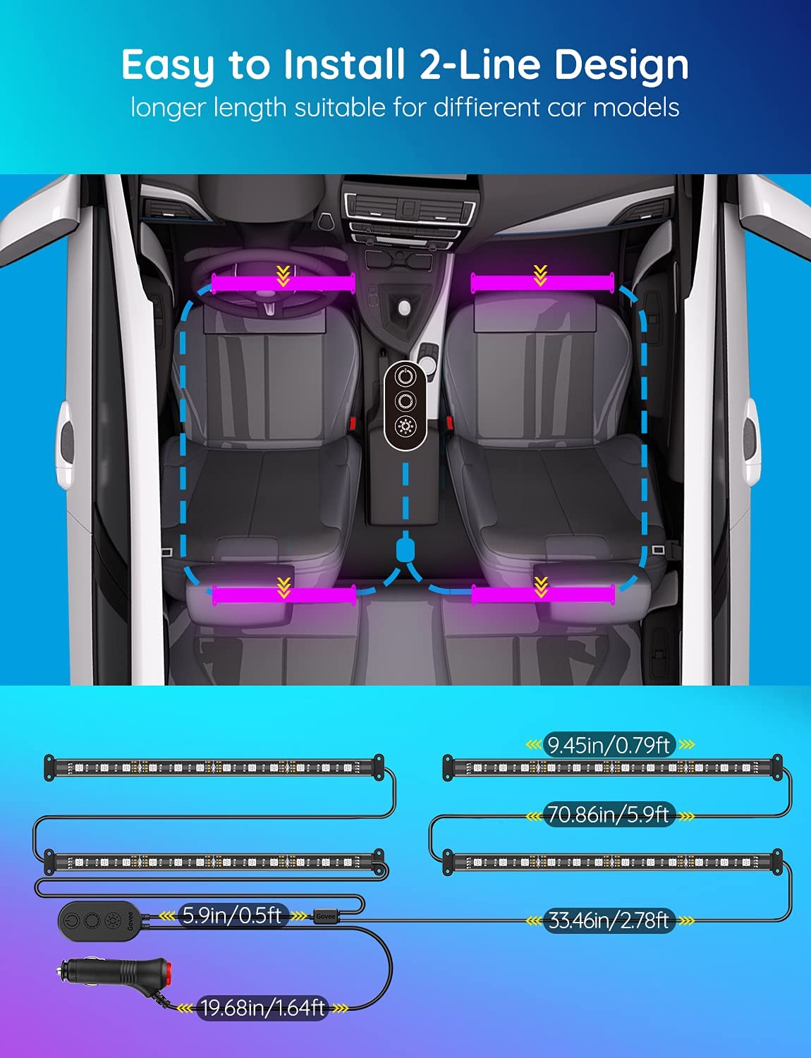 Govee Smart Car LED Interior Lights - App Controlled RGB Lights with DIY & Music Sync, 12V 2-Line Design with Car Charger | Perfect for Night Driving, Car Parties & Custom Vehicle Lighting
