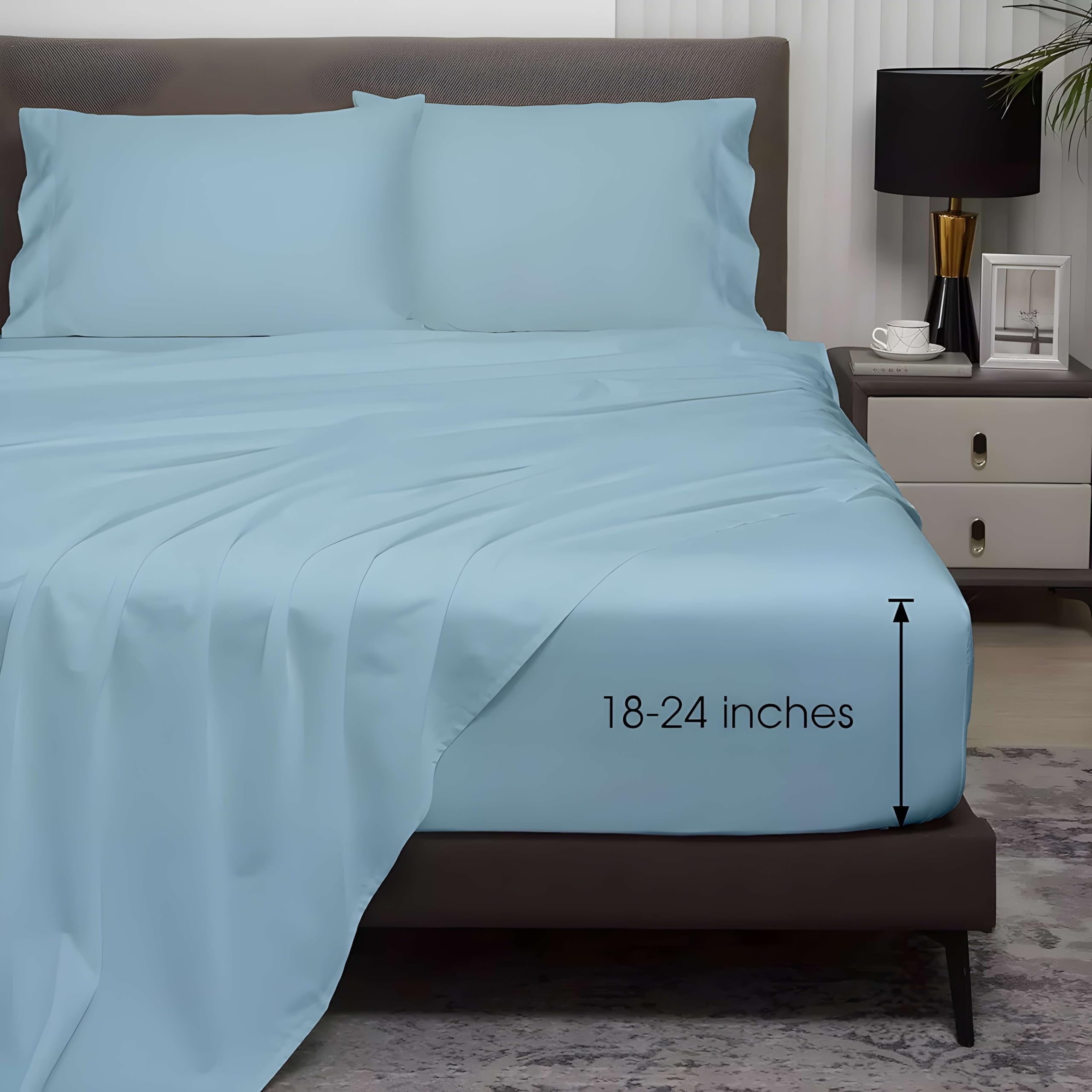 Premium 4-Piece Queen Size Extra Deep Pocket Sheet Set - 18 to 24 Inch Fitted Cotton Bed Sheets in Light Blue - Perfect for Thick Mattresses, Adjustable Beds & Luxury Bedrooms