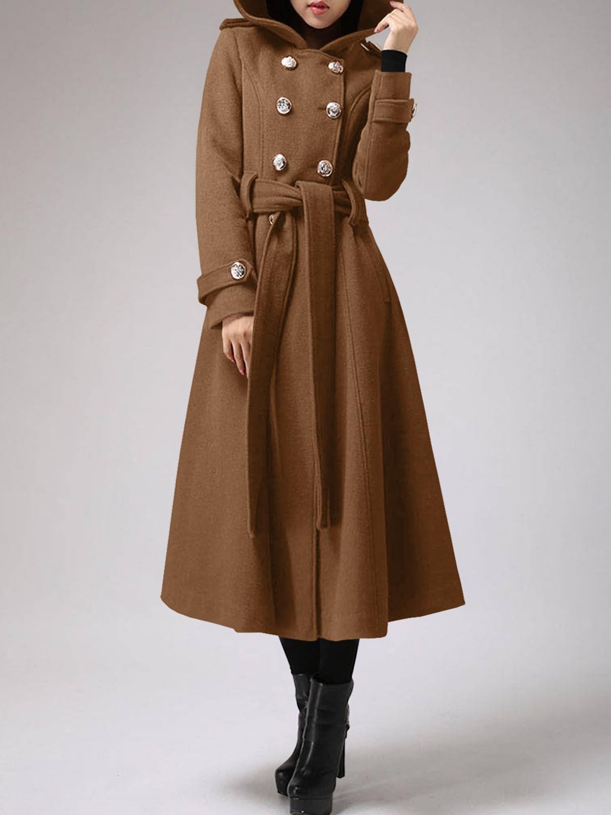 Cicy Bell Women's Long Double-Breasted Hooded Wool Coat with Belt - Warm Winter Trench Coat for Office, Travel & Outdoor Activities