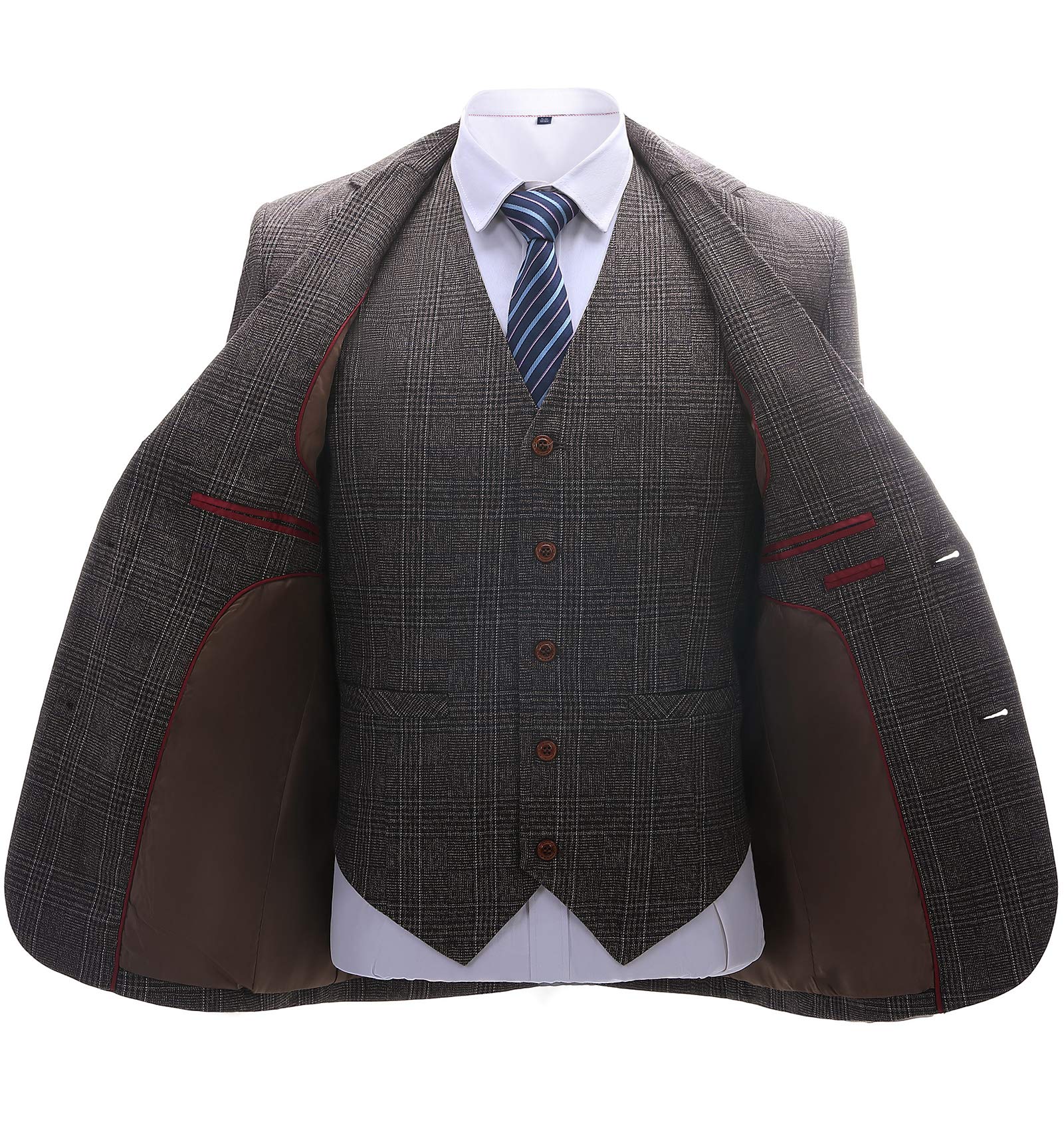 Men's Slim Fit 3-Piece Plaid Wool Suit Set - Blazer, Vest & Pants for Wedding, Groomsmen & Formal Occasions | Perfect for Business Meetings, Prom & Special Events
